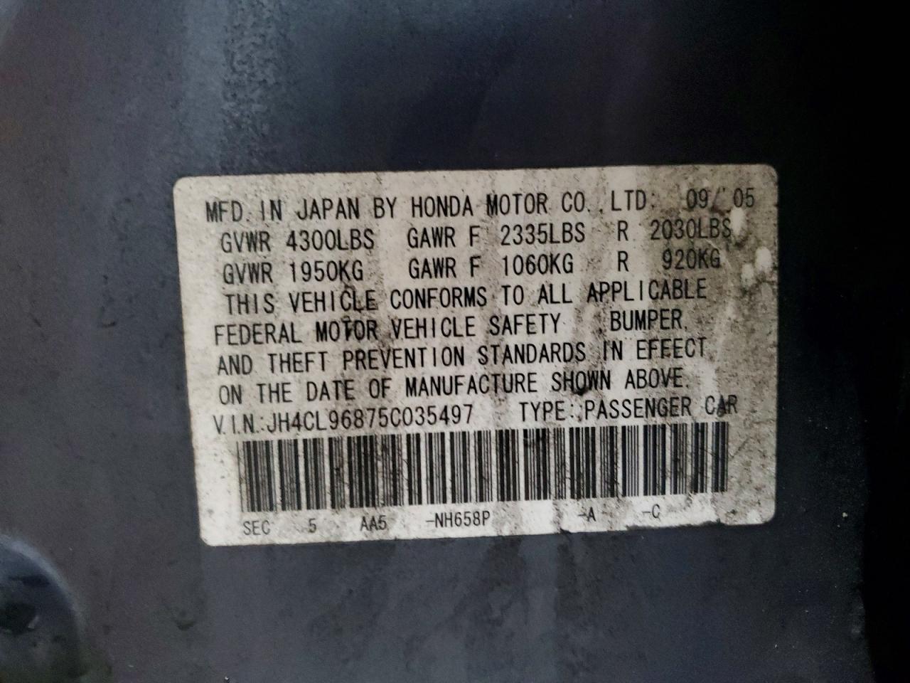 2005 Acura Tsx Gray vin: JH4CL96875C035497
