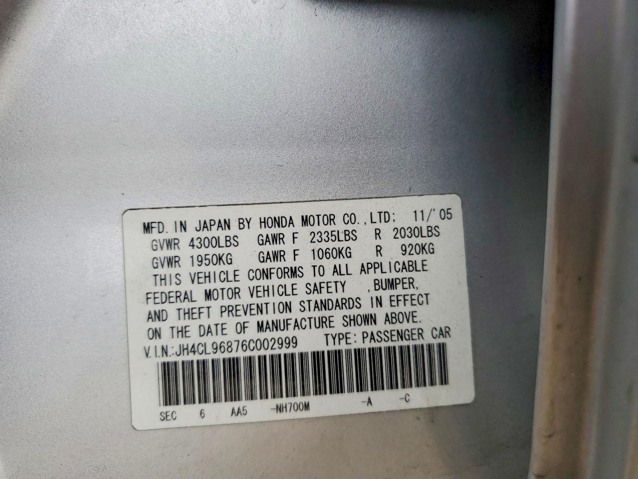 2006 Acura Tsx Silver vin: JH4CL96876C002999