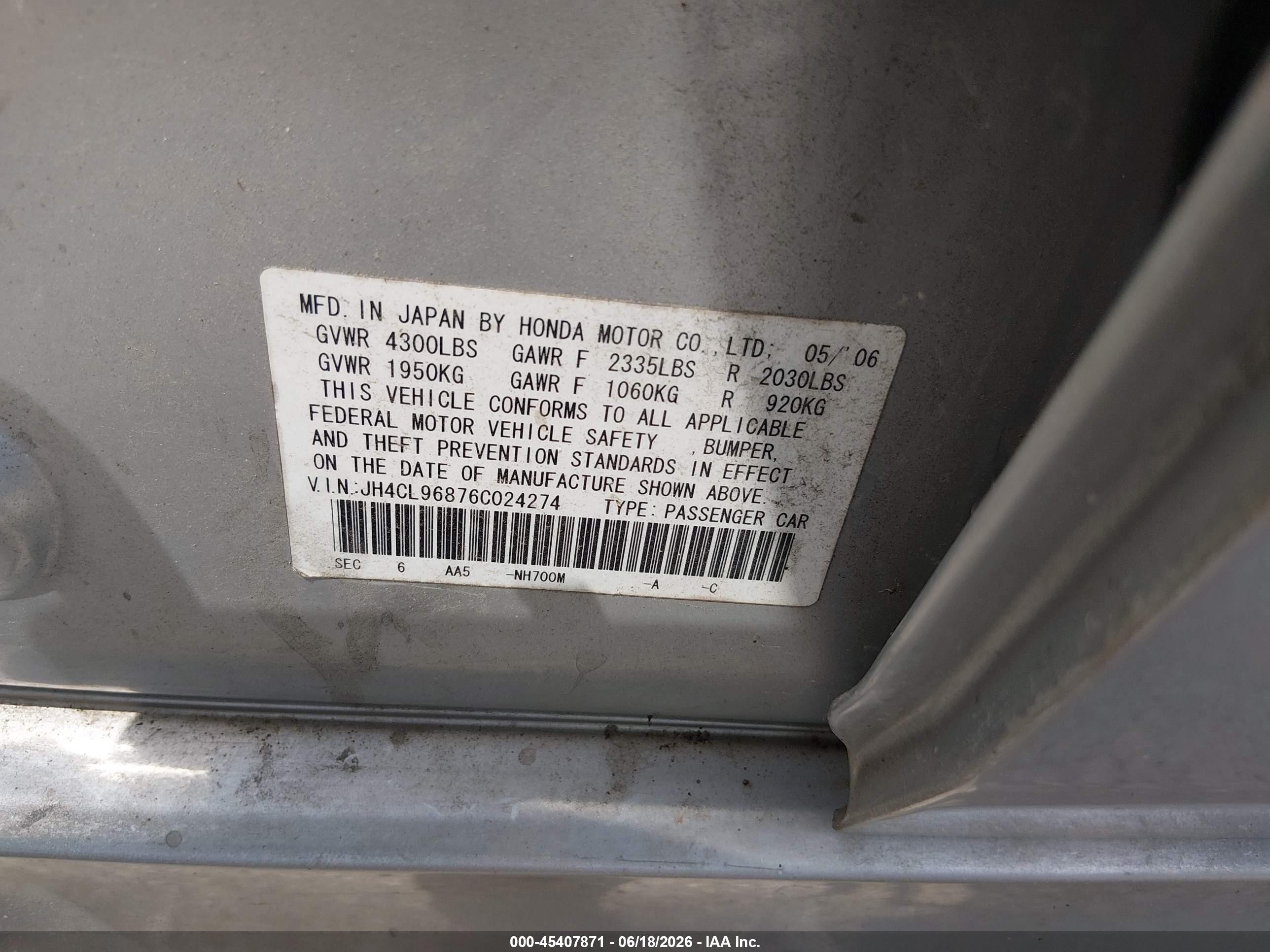 2006 Acura Tsx   Silver vin: JH4CL96876C024274