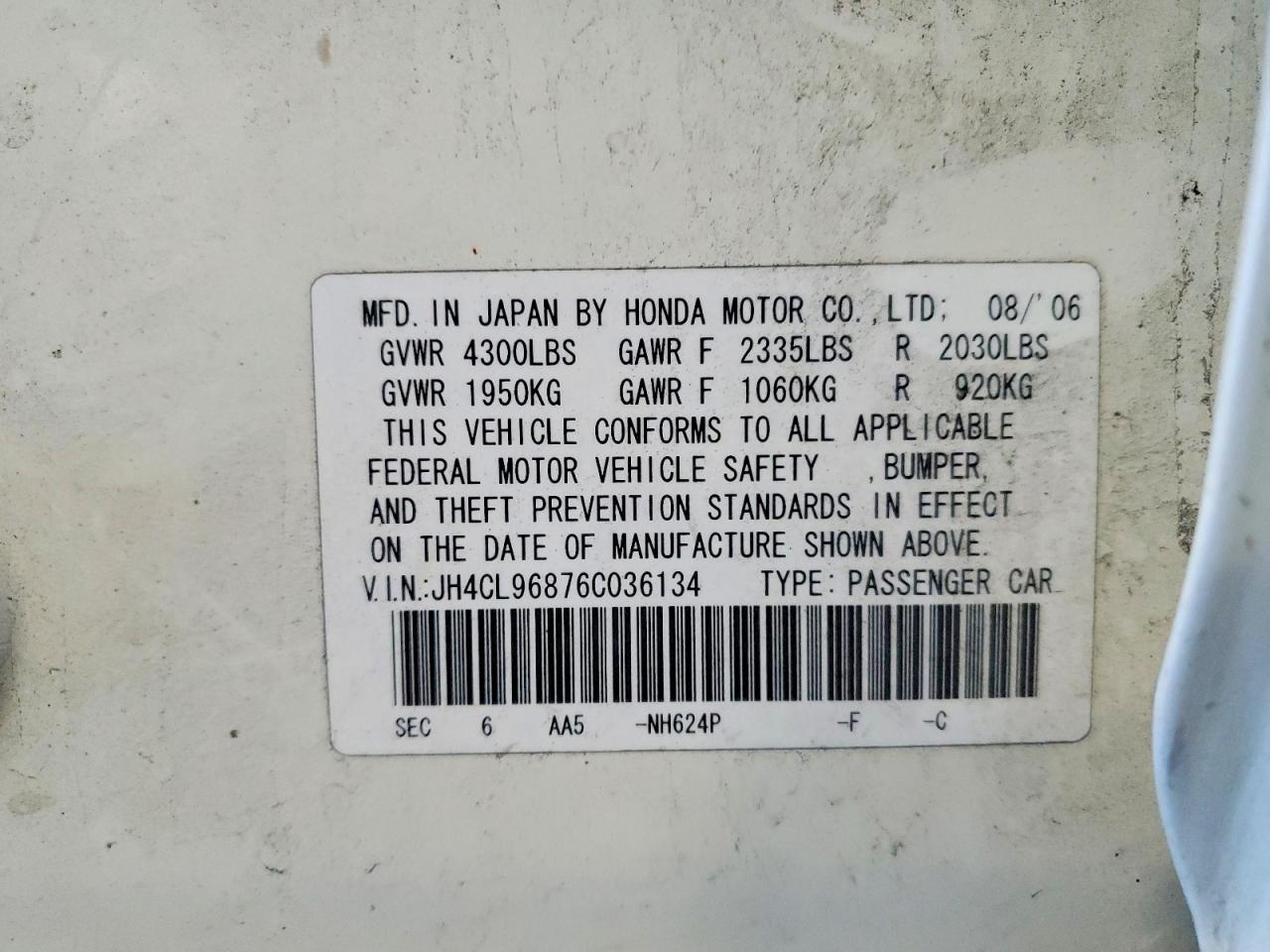2006 Acura Tsx Белый vin: JH4CL96876C036134