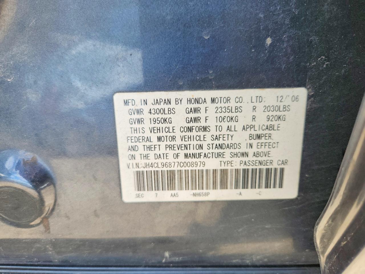 2007 Acura Tsx Charcoal vin: JH4CL96877C008979