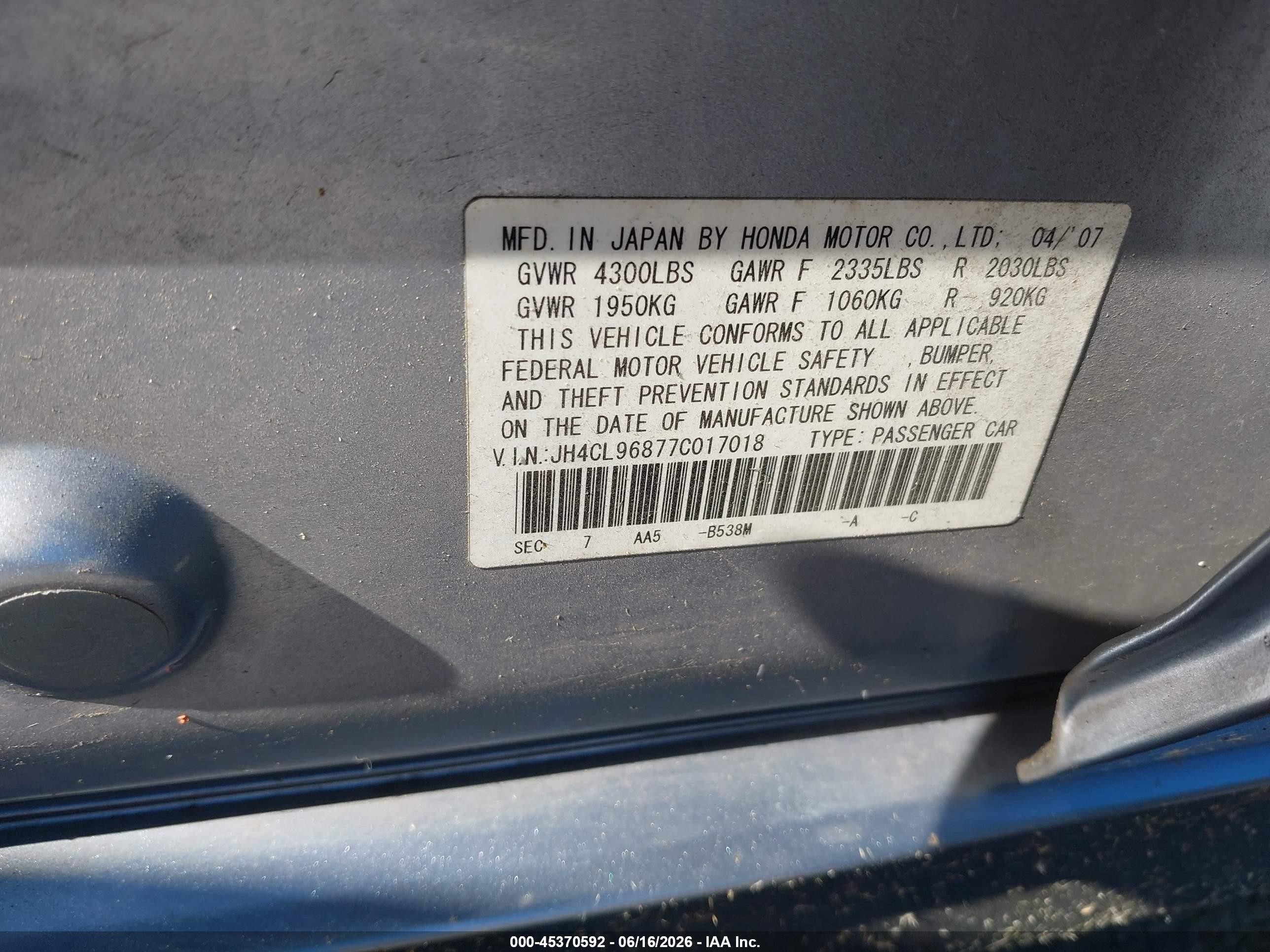 2007 Acura Tsx Silver vin: JH4CL96877C017018