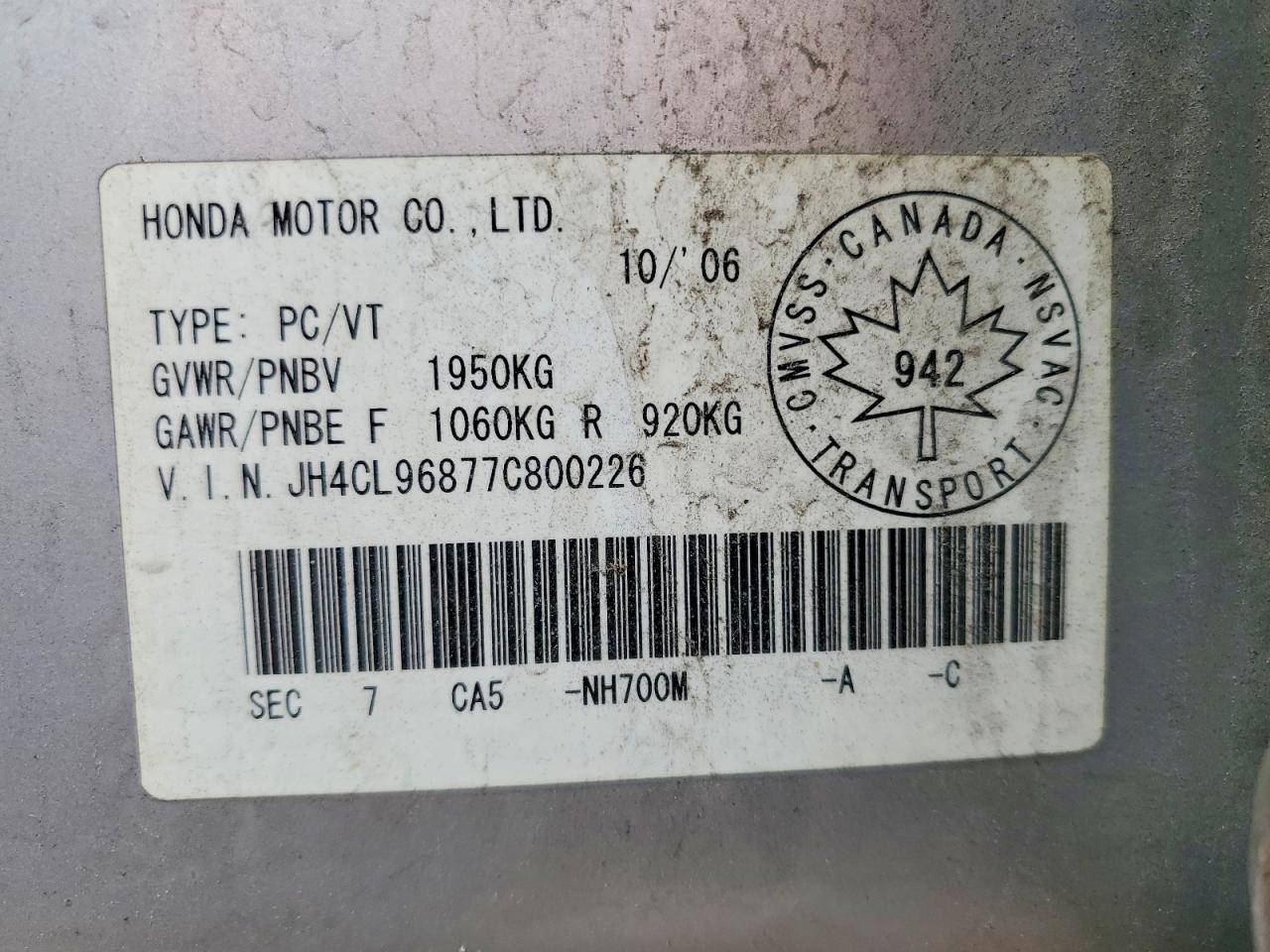 2007 Acura Tsx Silver vin: JH4CL96877C800226