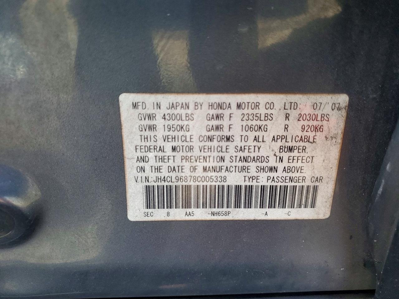 2008 Acura Tsx Gray vin: JH4CL96878C005338