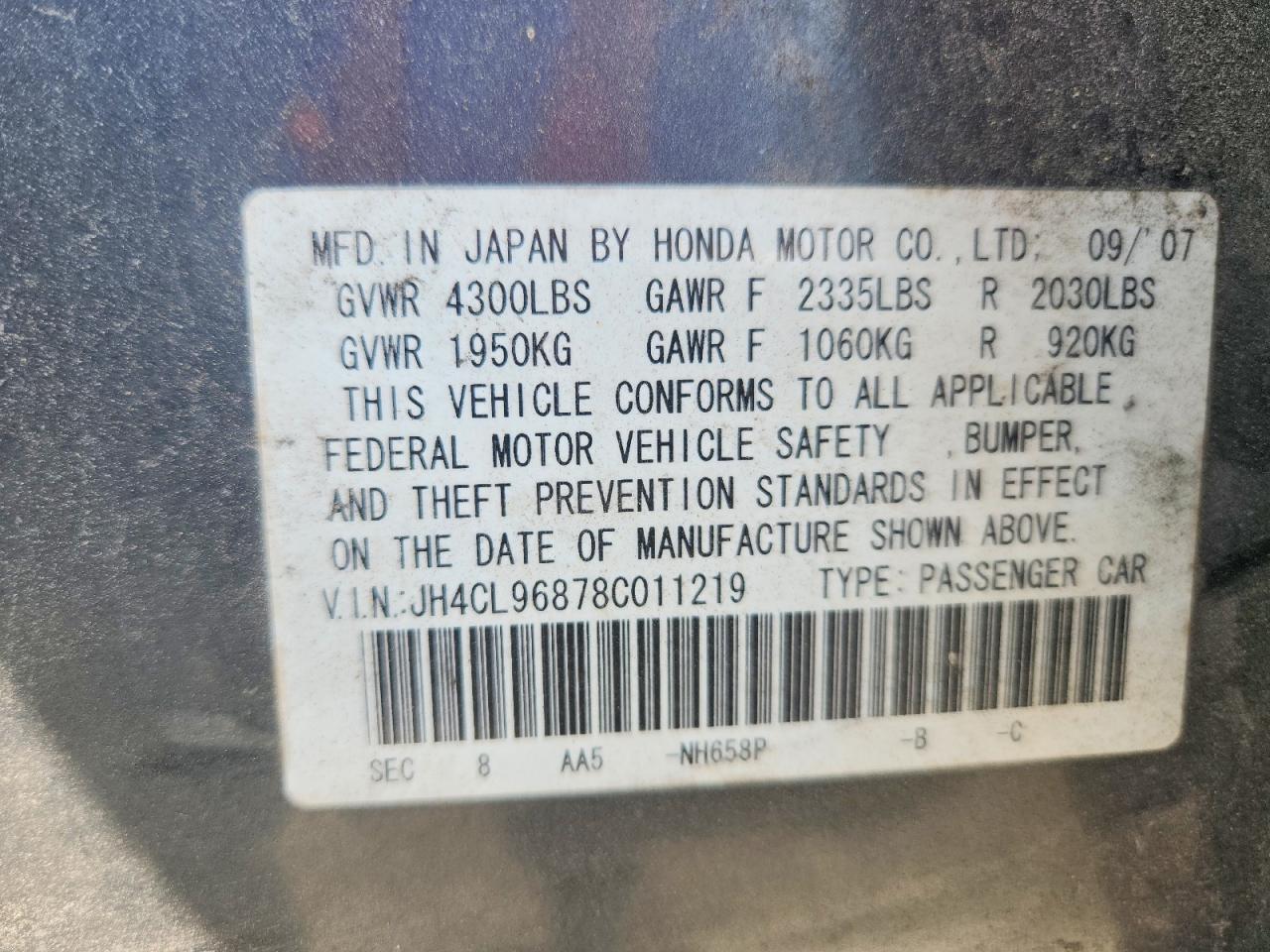 2008 Acura Tsx Gray vin: JH4CL96878C011219