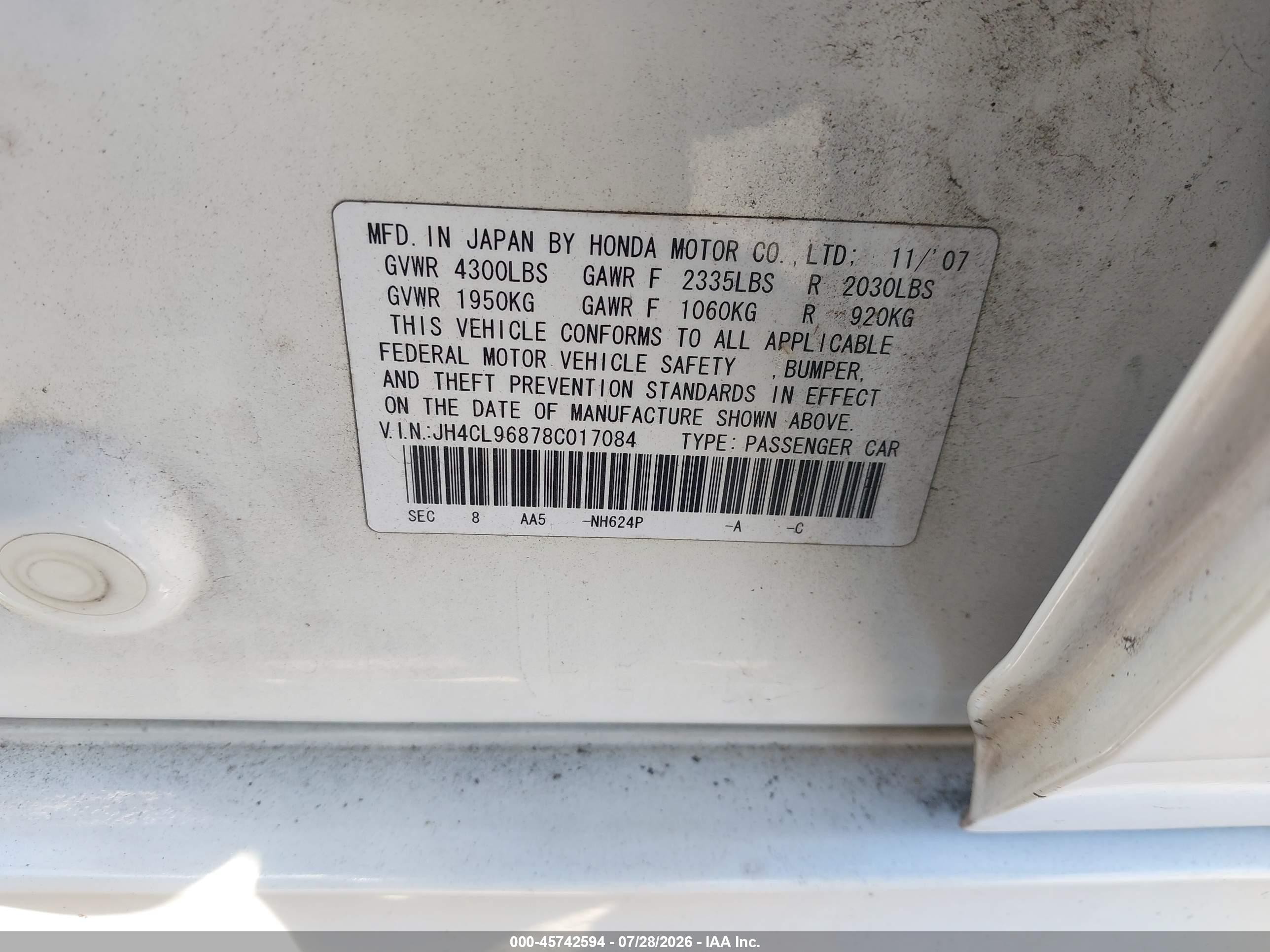 2008 Acura Tsx   White vin: JH4CL96878C017084
