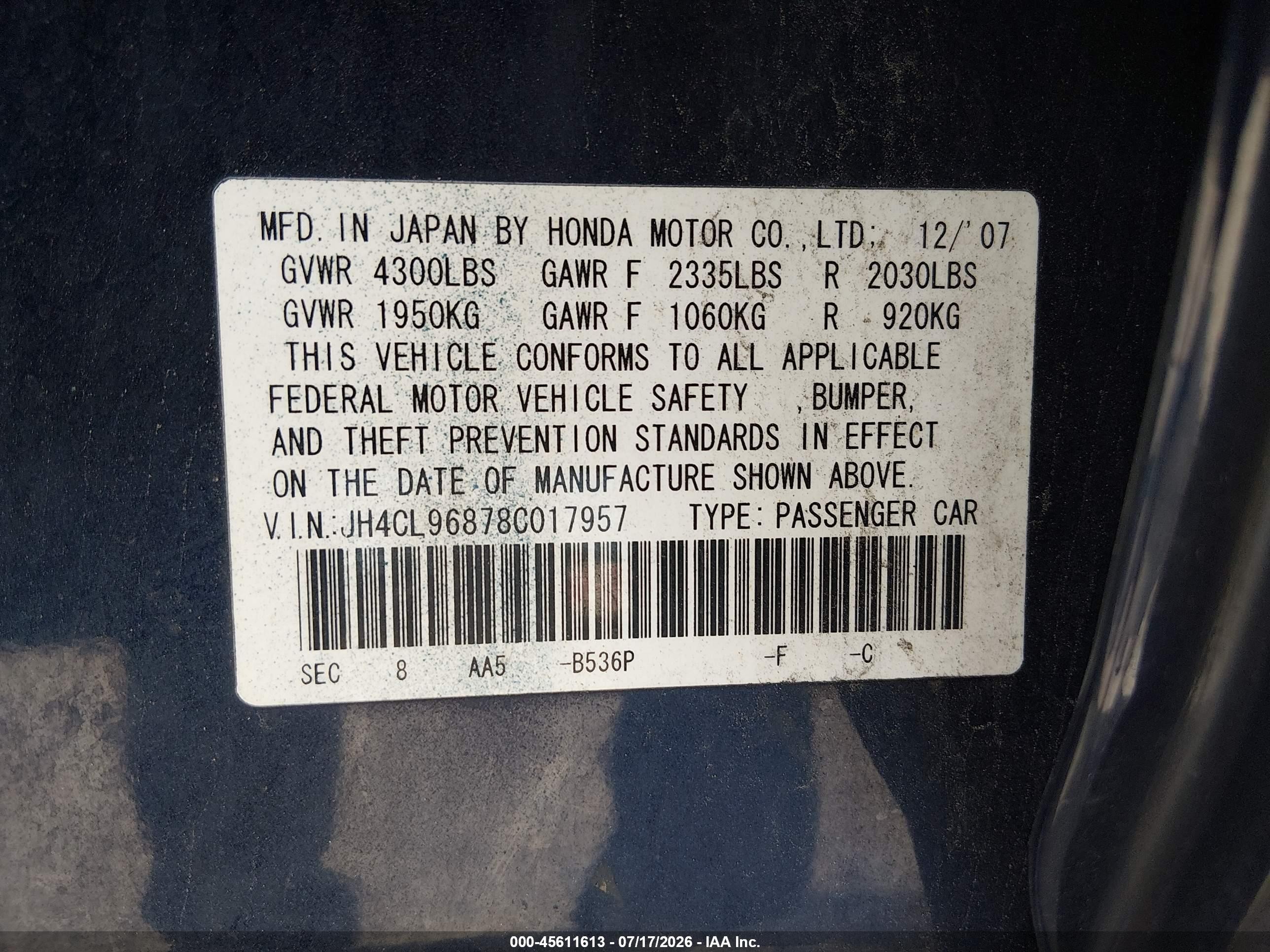 2008 Acura Tsx   Blue vin: JH4CL96878C017957