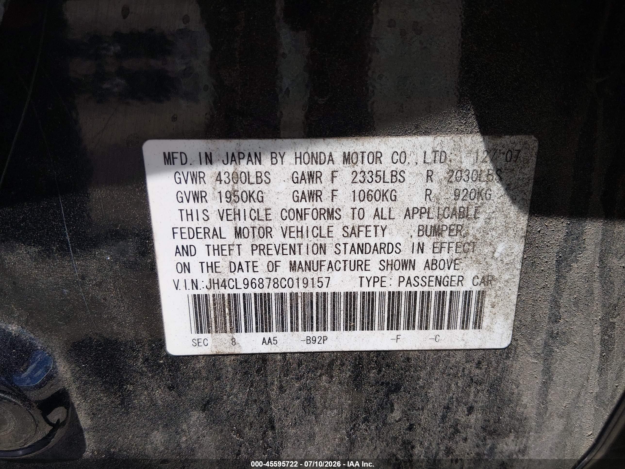 2008 Acura Tsx Black vin: JH4CL96878C019157