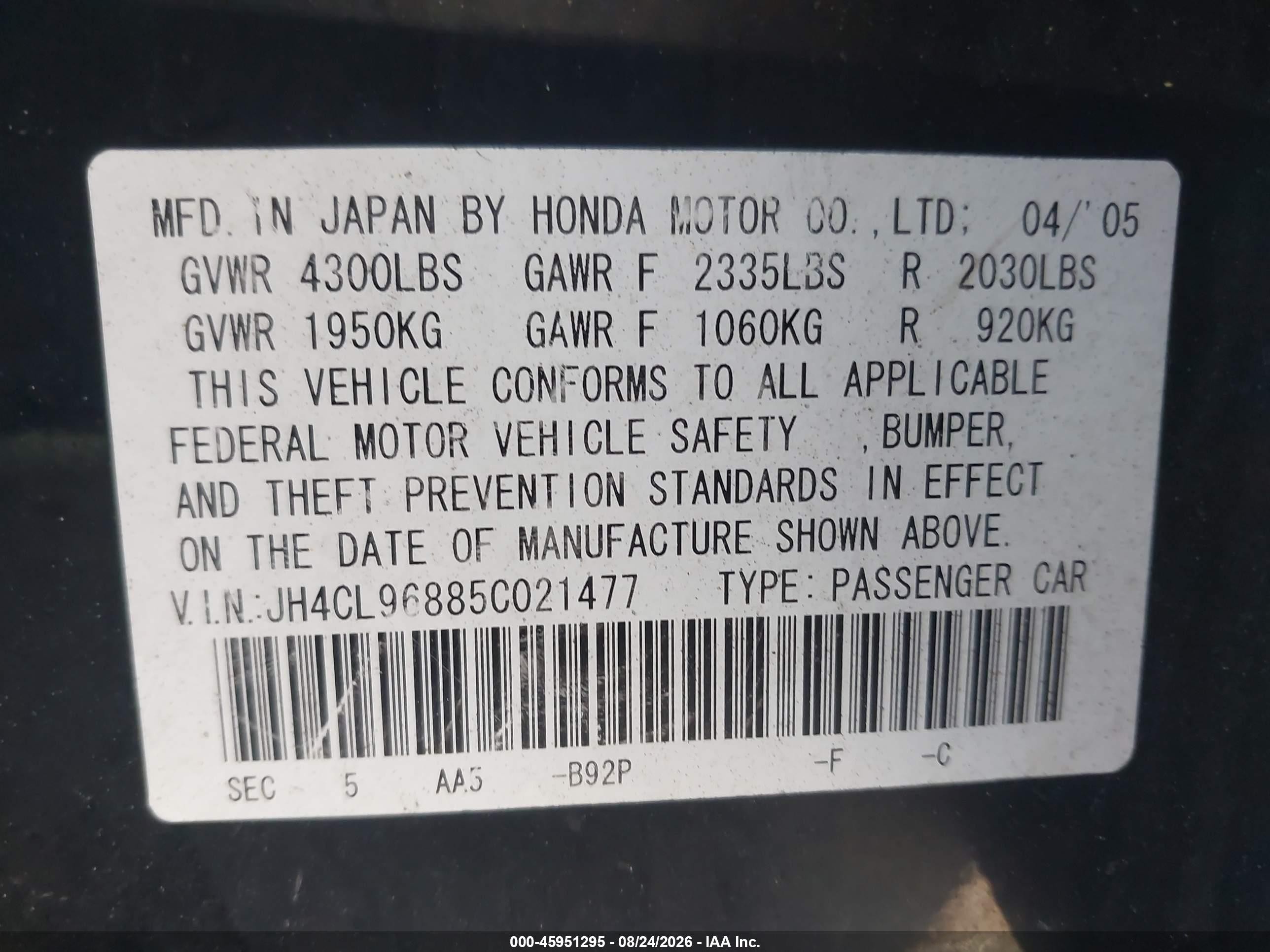 2005 Acura Tsx Black vin: JH4CL96885C021477