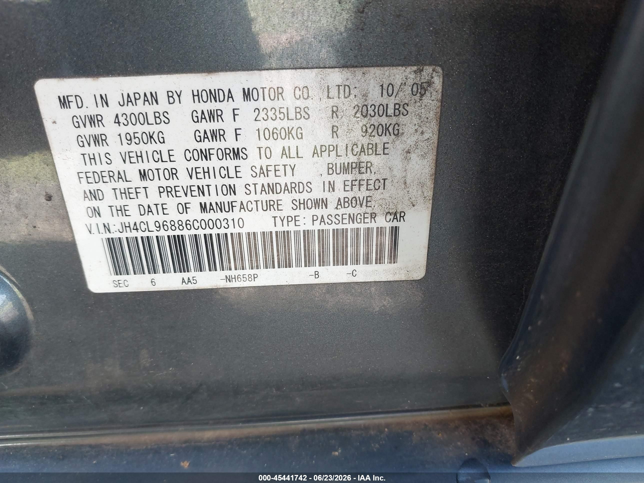 2006 Acura Tsx   Gray vin: JH4CL96886C000310