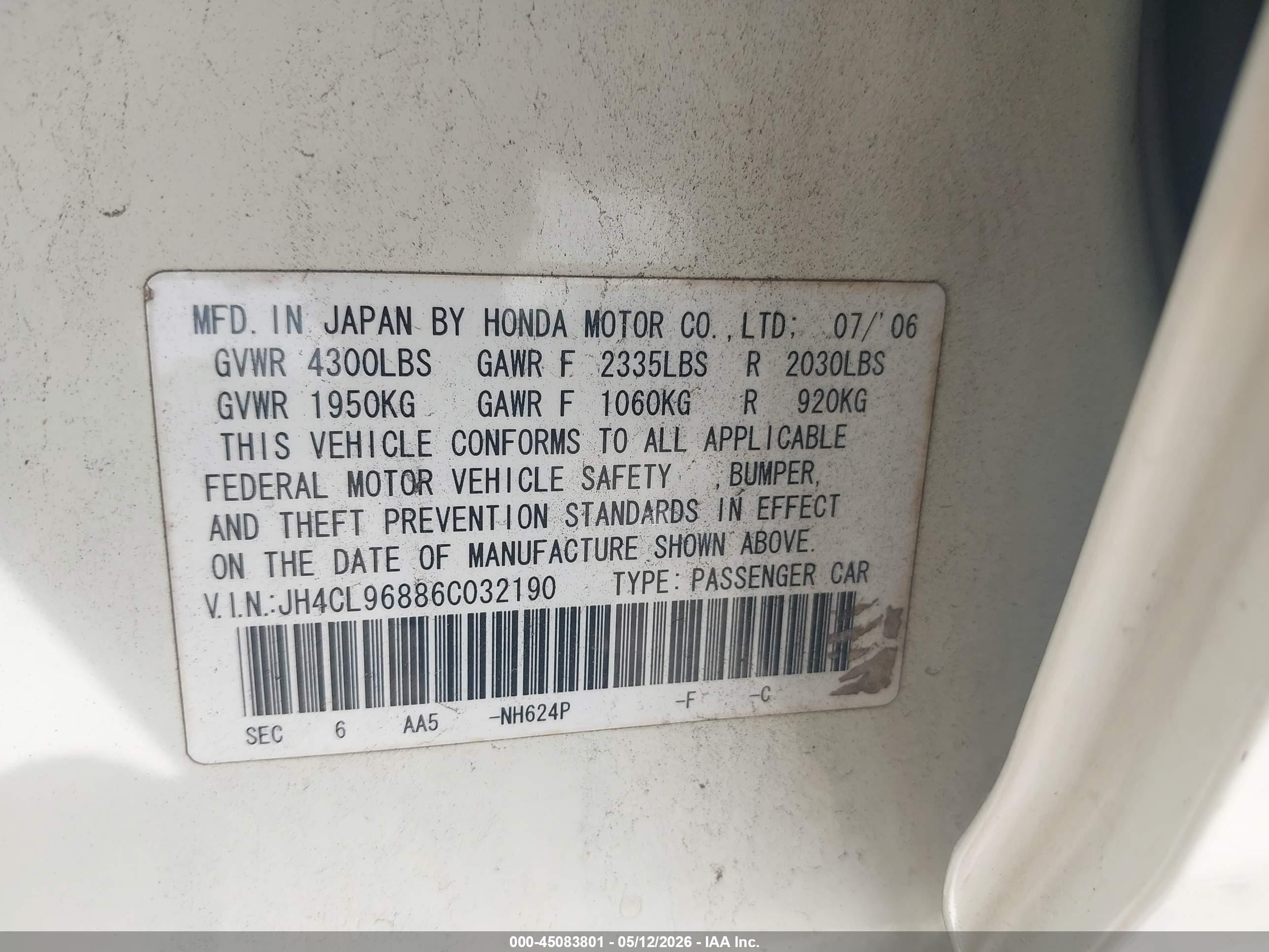 2006 Acura Tsx   White vin: JH4CL96886C032190