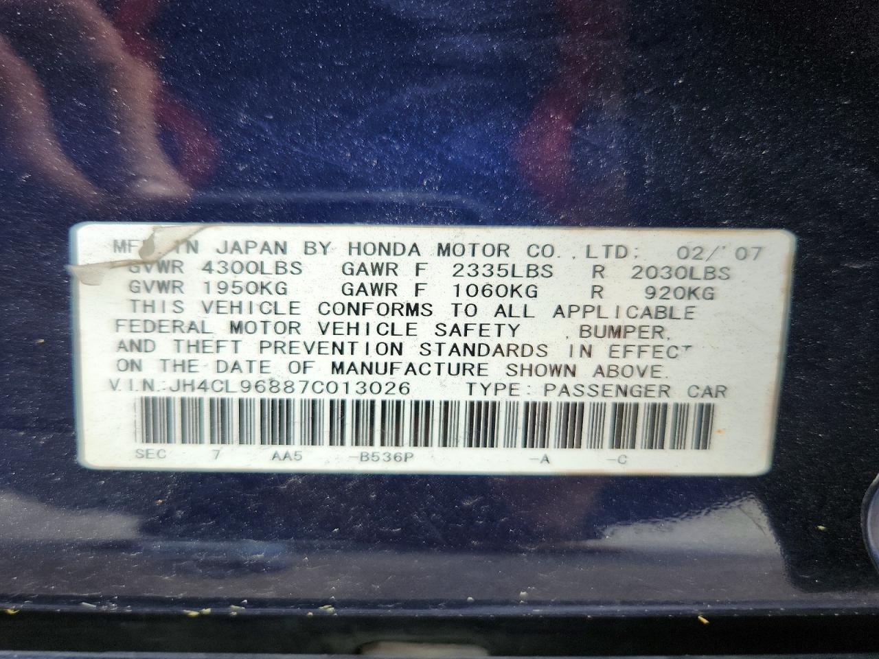 2007 Acura Tsx Blue vin: JH4CL96887C013026