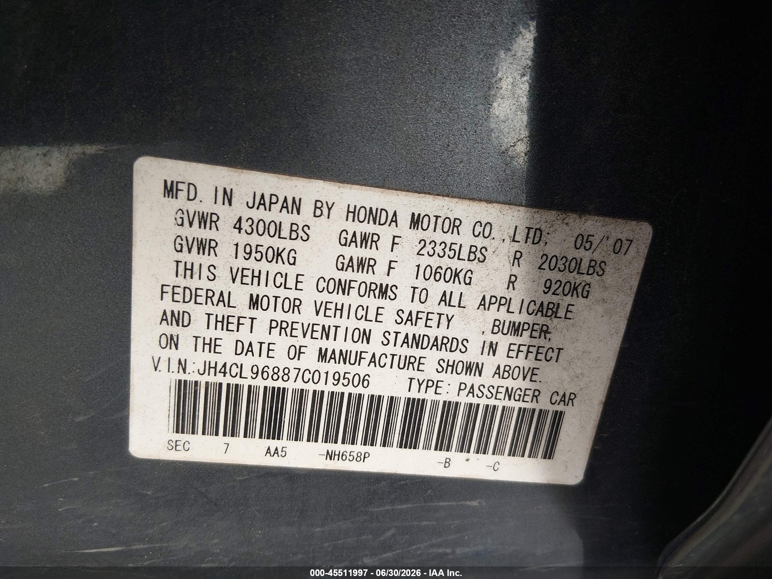 2007 Acura Tsx   Gray vin: JH4CL96887C019506