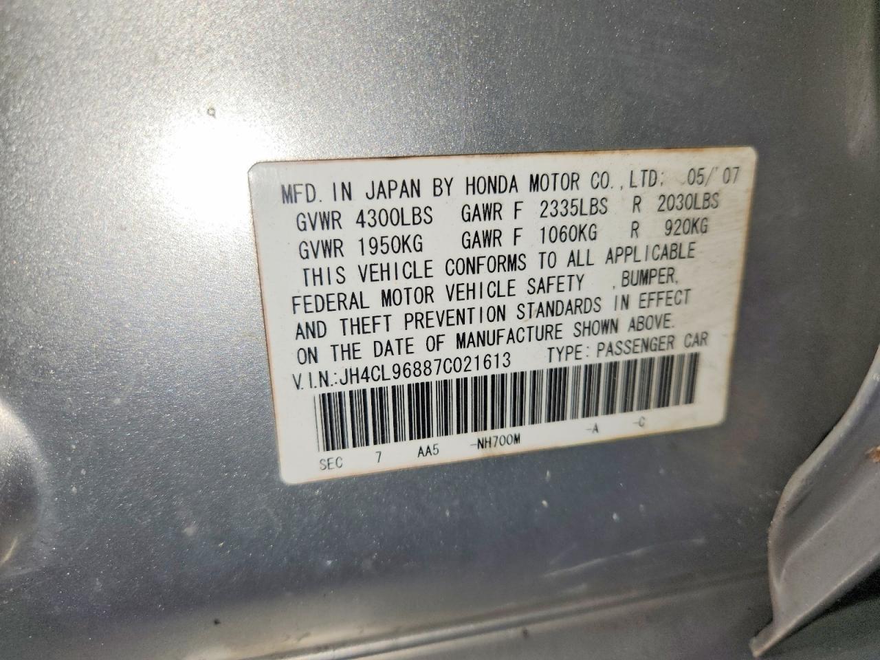 2007 Acura Tsx Silver vin: JH4CL96887C021613