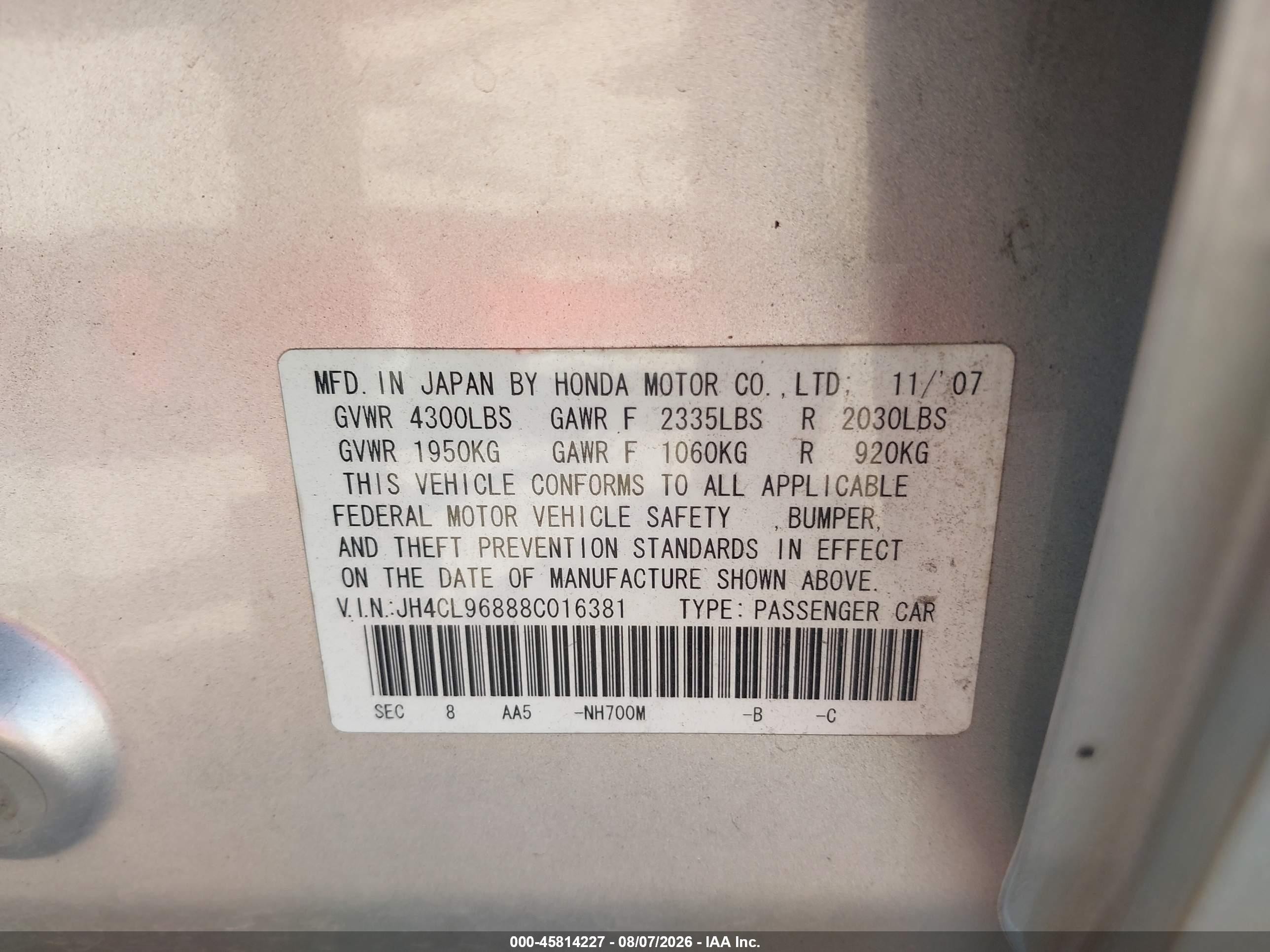 2008 Acura Tsx   Silver vin: JH4CL96888C016381
