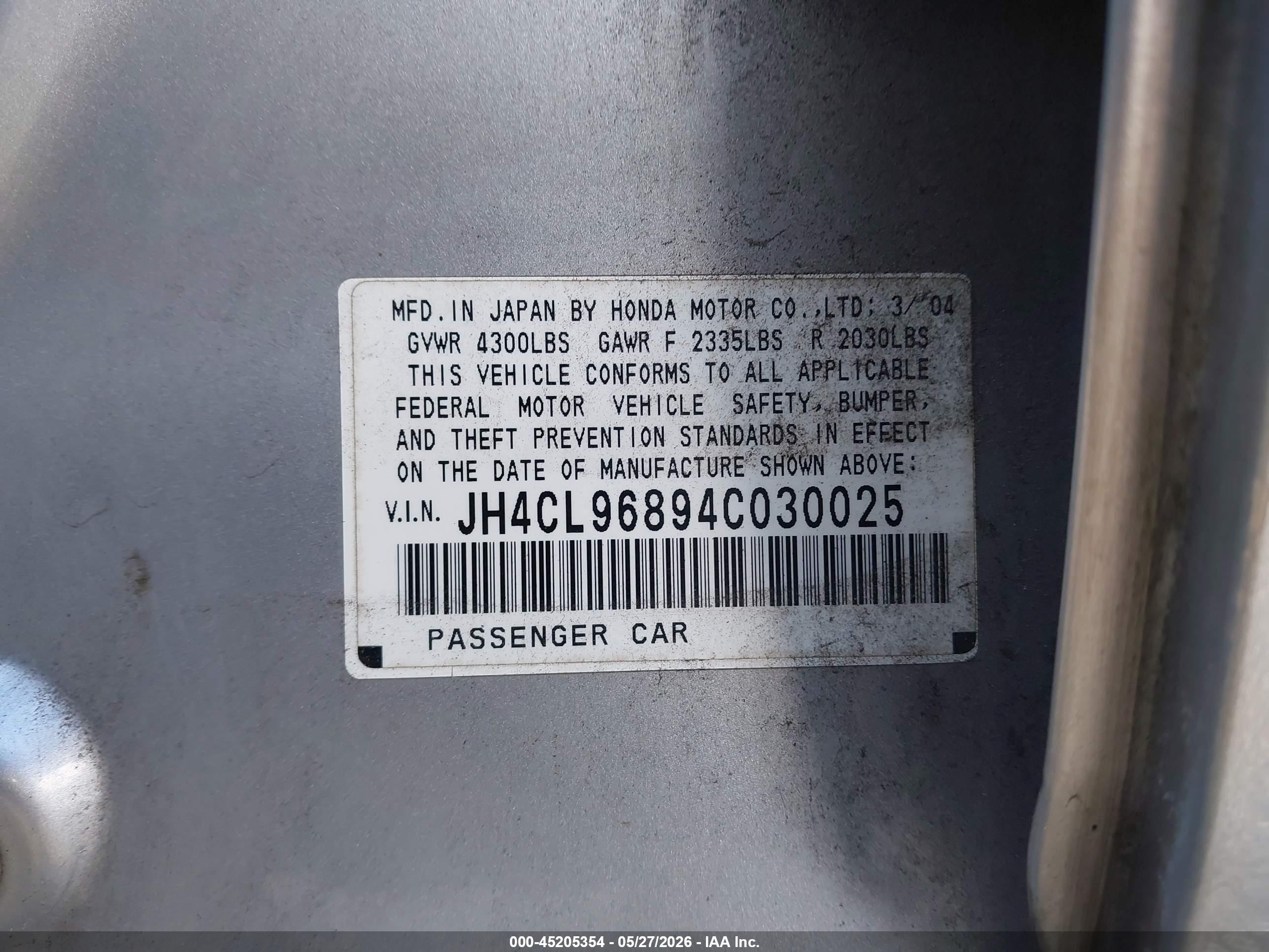 2004 Acura Tsx   Gray vin: JH4CL96894C030025