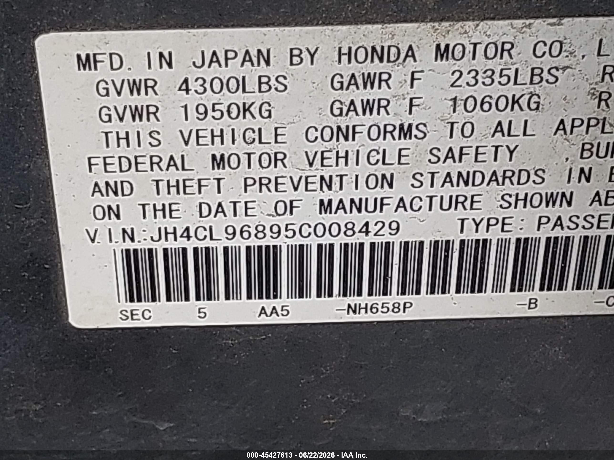 2005 Acura Tsx   Gray vin: JH4CL96895C008429