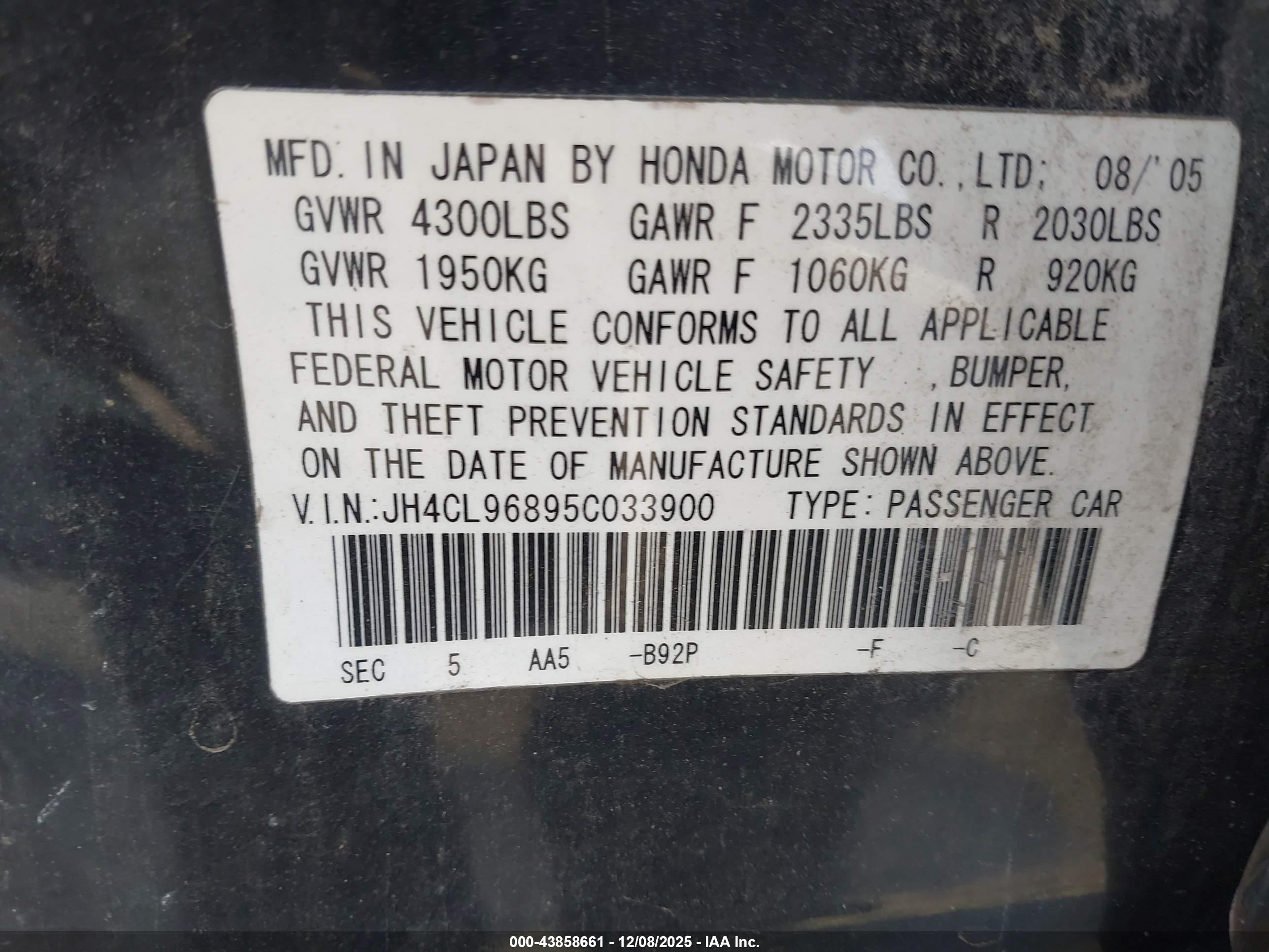 2005 Acura Tsx   Black vin: JH4CL96895C033900