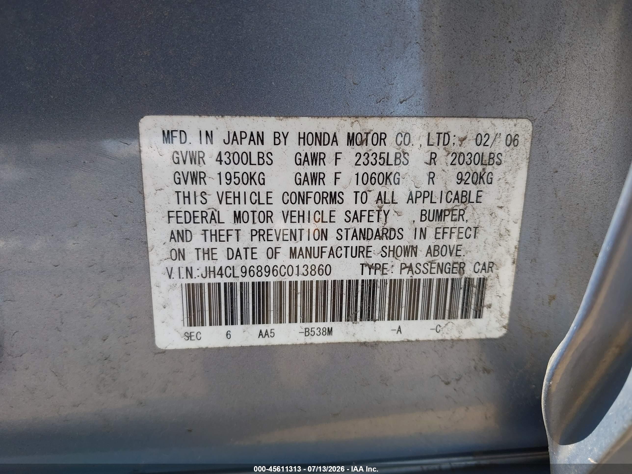 2006 Acura Tsx   Light Blue vin: JH4CL96896C013860