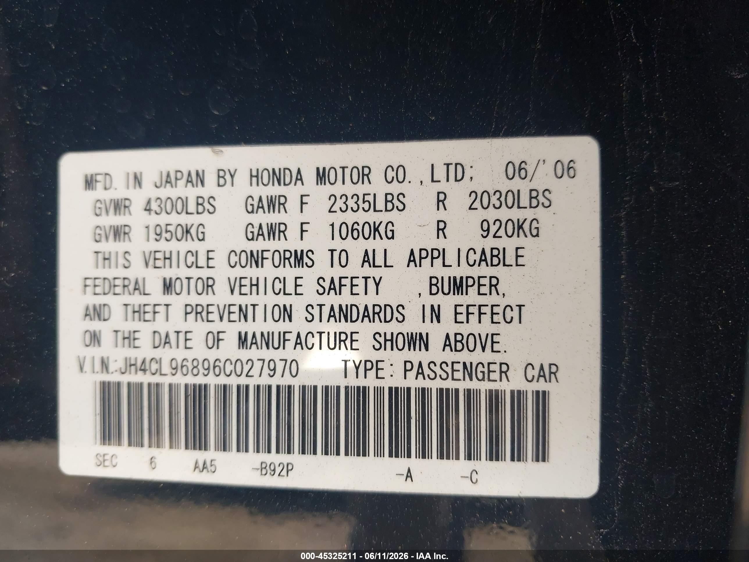 2006 Acura Tsx   Black vin: JH4CL96896C027970