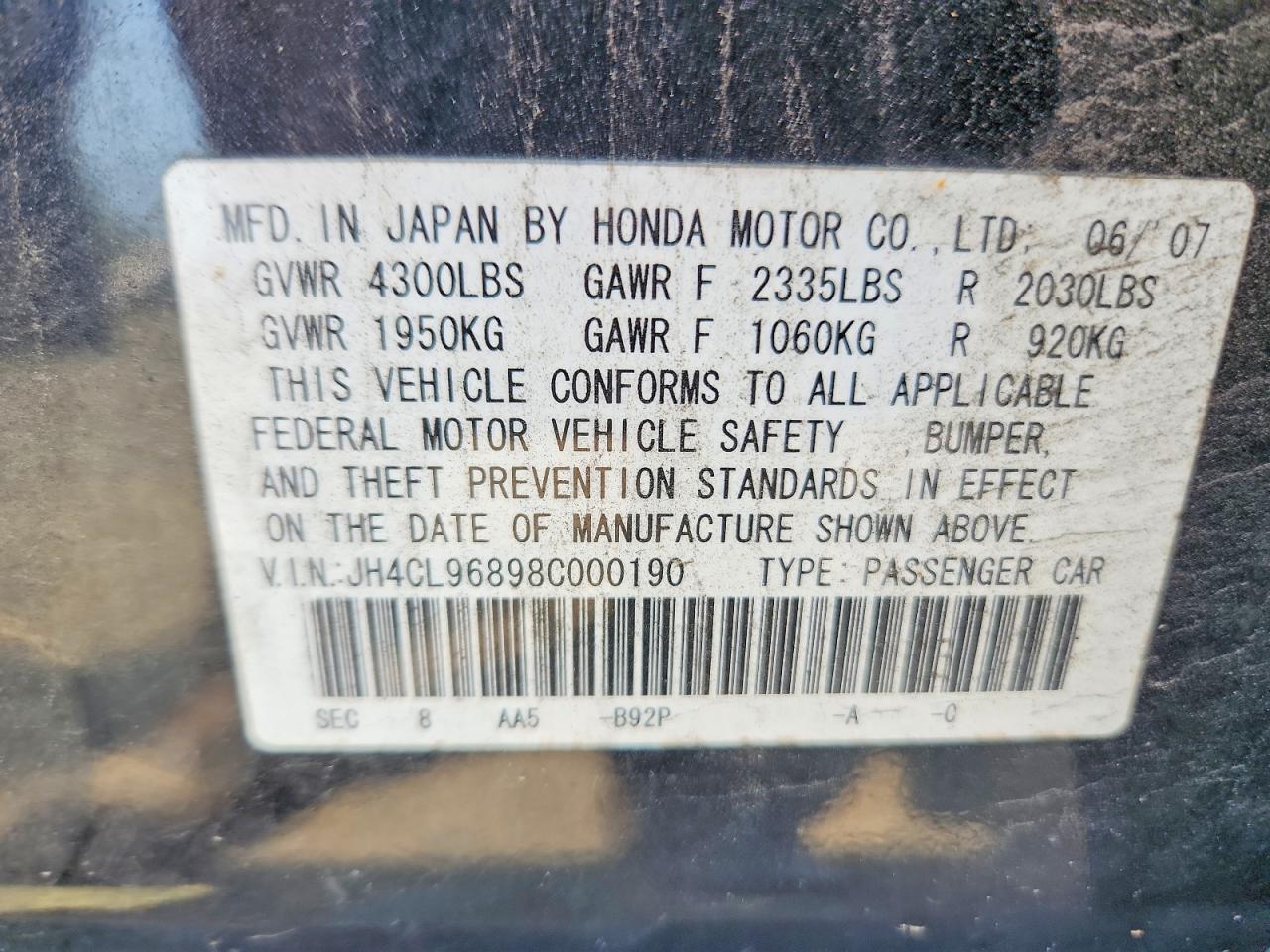 2008 Acura Tsx Black vin: JH4CL96898C000190
