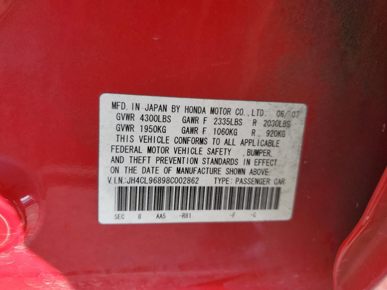 2008 Acura Tsx Red vin: JH4CL96898C002862