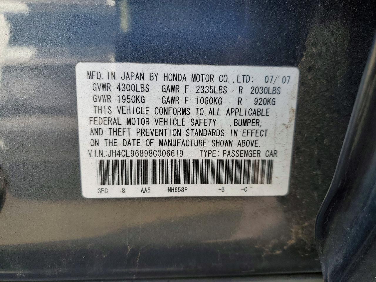 2008 Acura Tsx Charcoal vin: JH4CL96898C006619