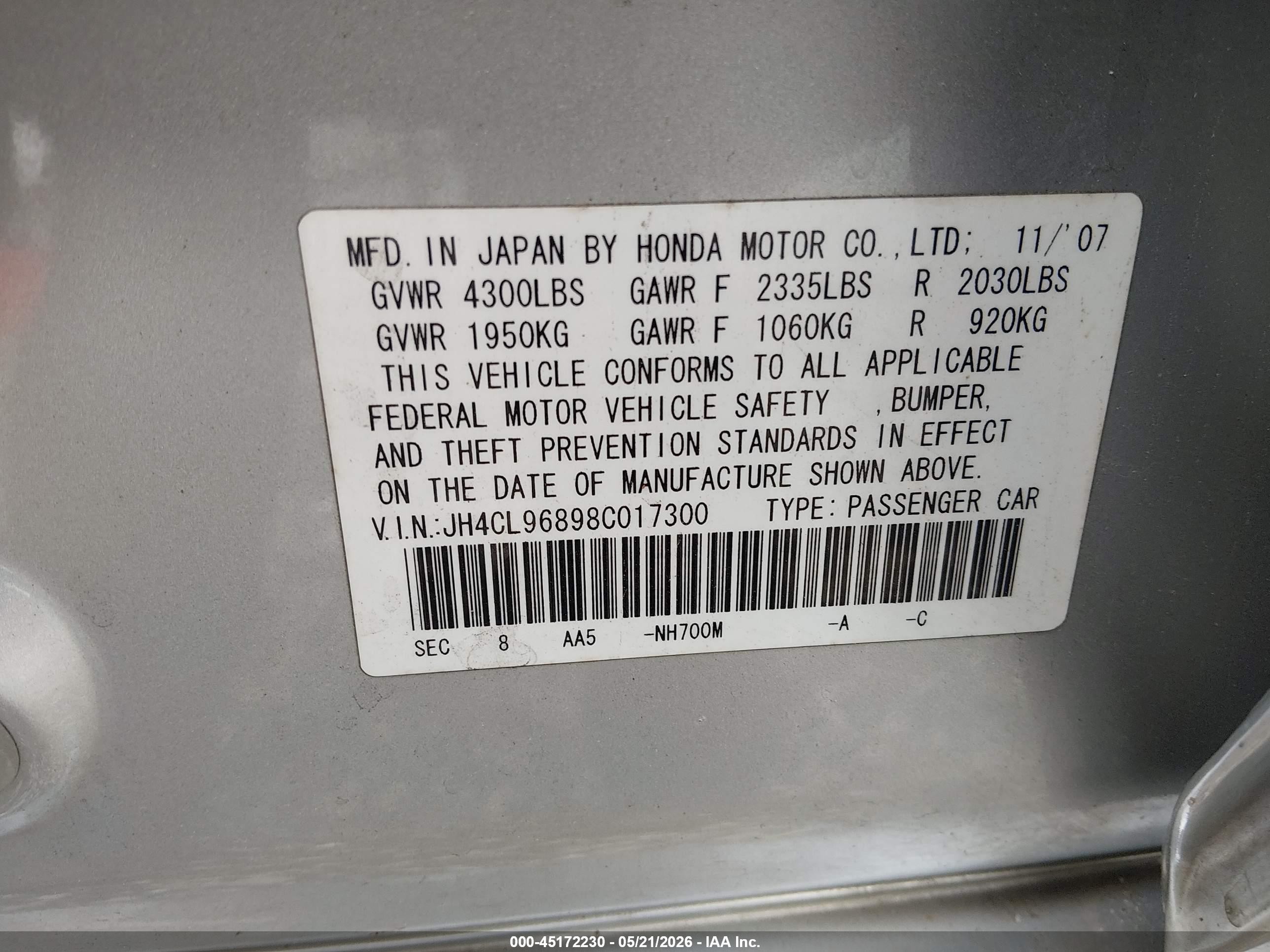 2008 Acura Tsx   Silver vin: JH4CL96898C017300