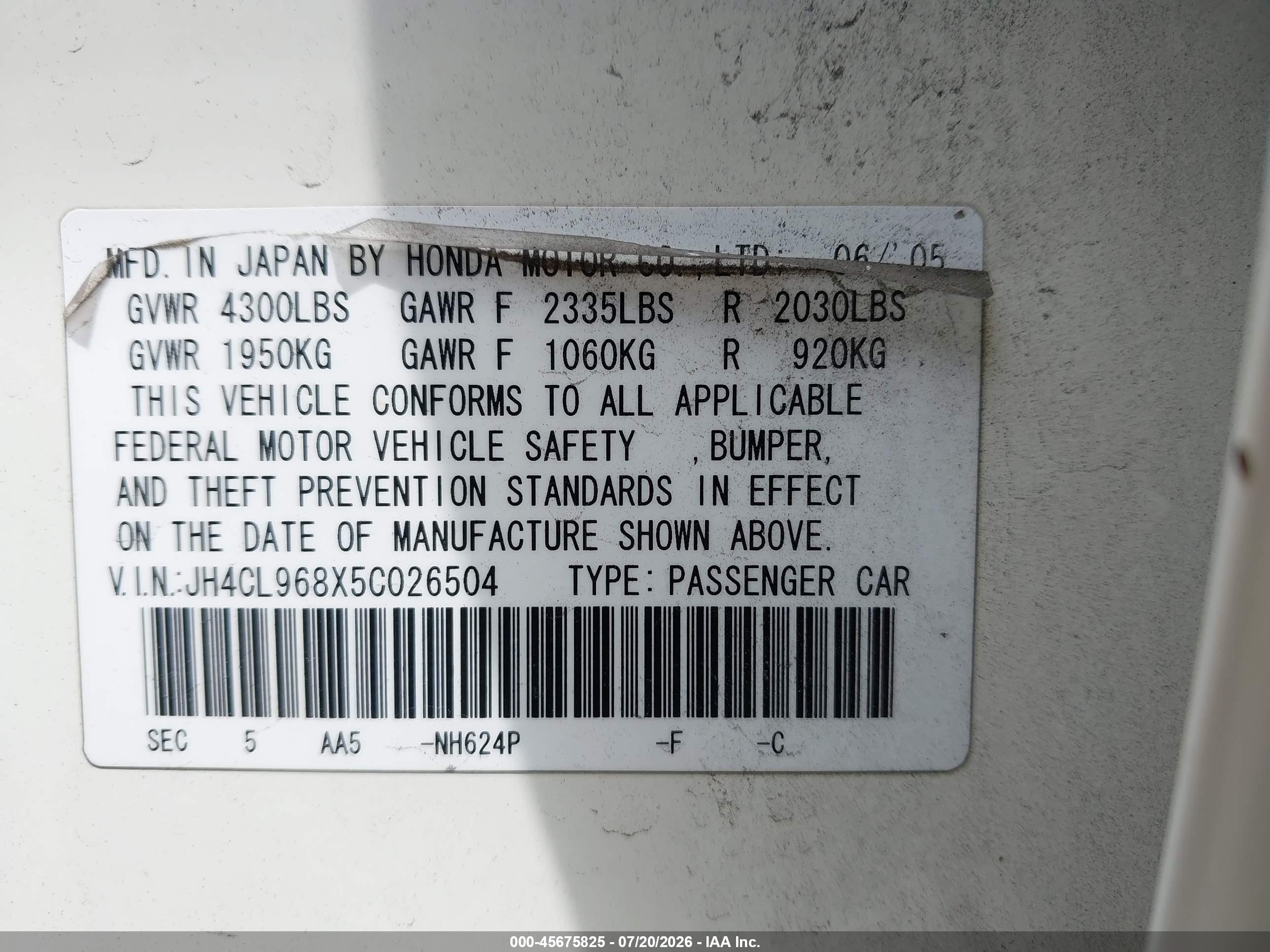 2005 Acura Tsx   White vin: JH4CL968X5C026504