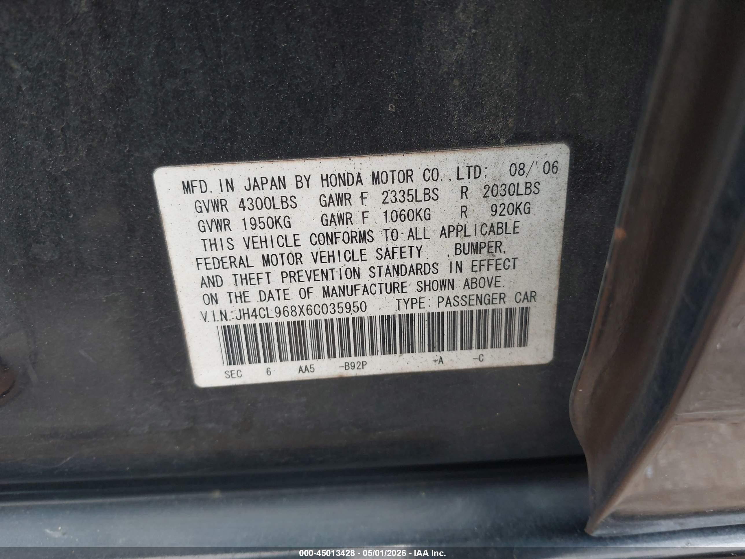2006 Acura Tsx Black vin: JH4CL968X6C035950