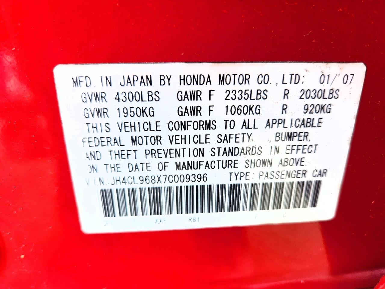 2007 Acura Tsx Red vin: JH4CL968X7C009396