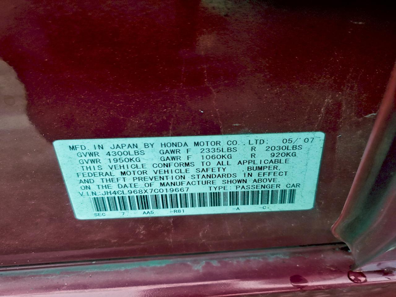 2007 Acura Tsx Red vin: JH4CL968X7C019667