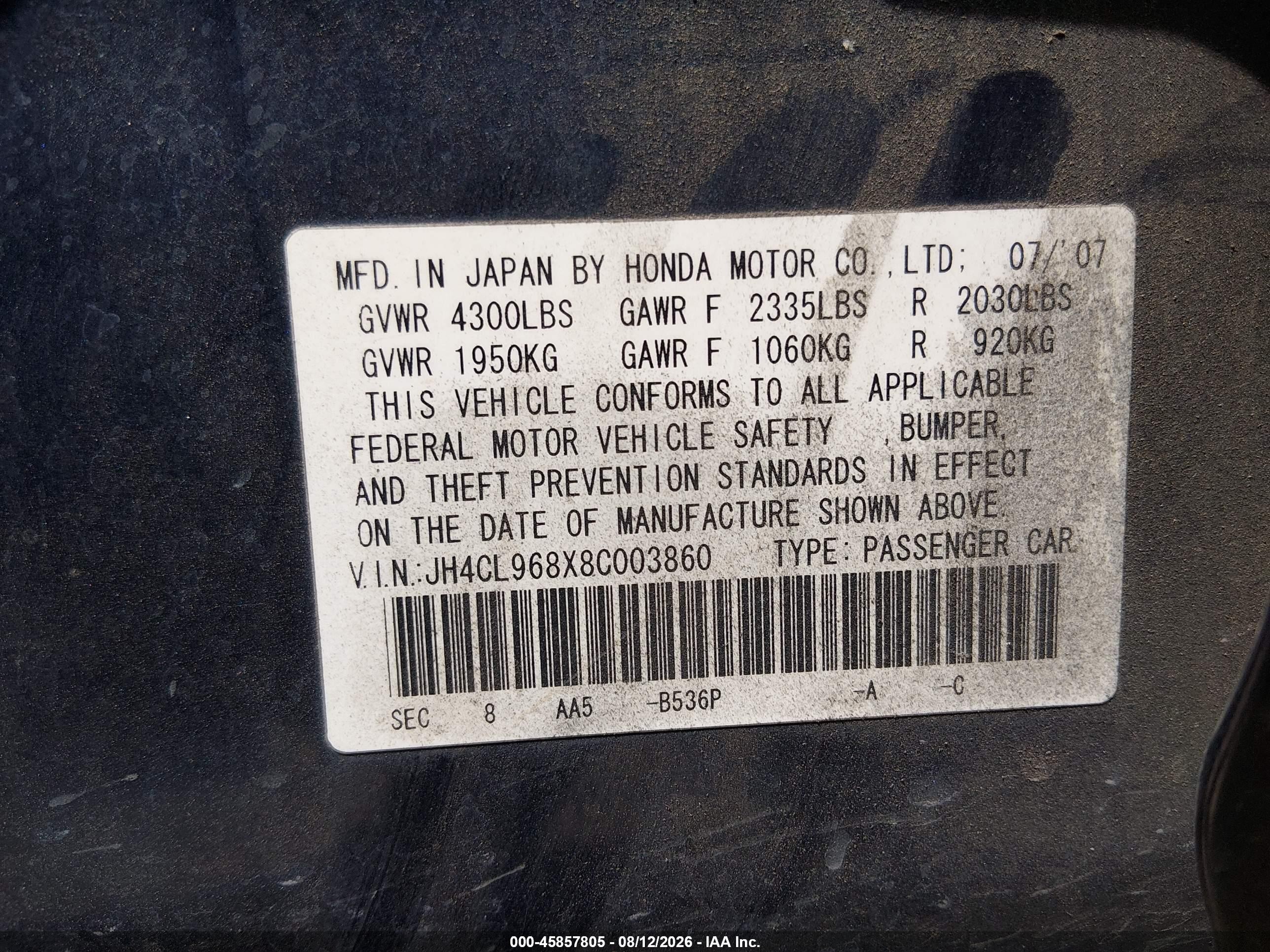 2008 Acura Tsx   Синий vin: JH4CL968X8C003860