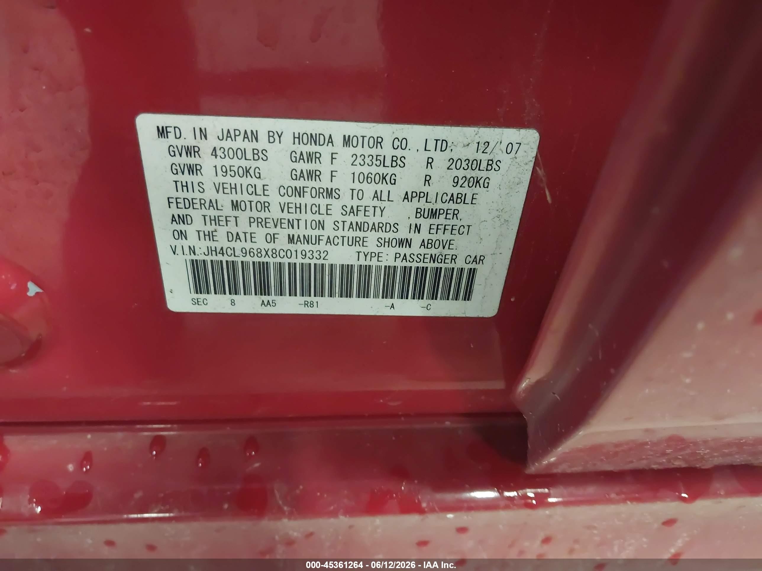 2008 Acura Tsx   Red vin: JH4CL968X8C019332