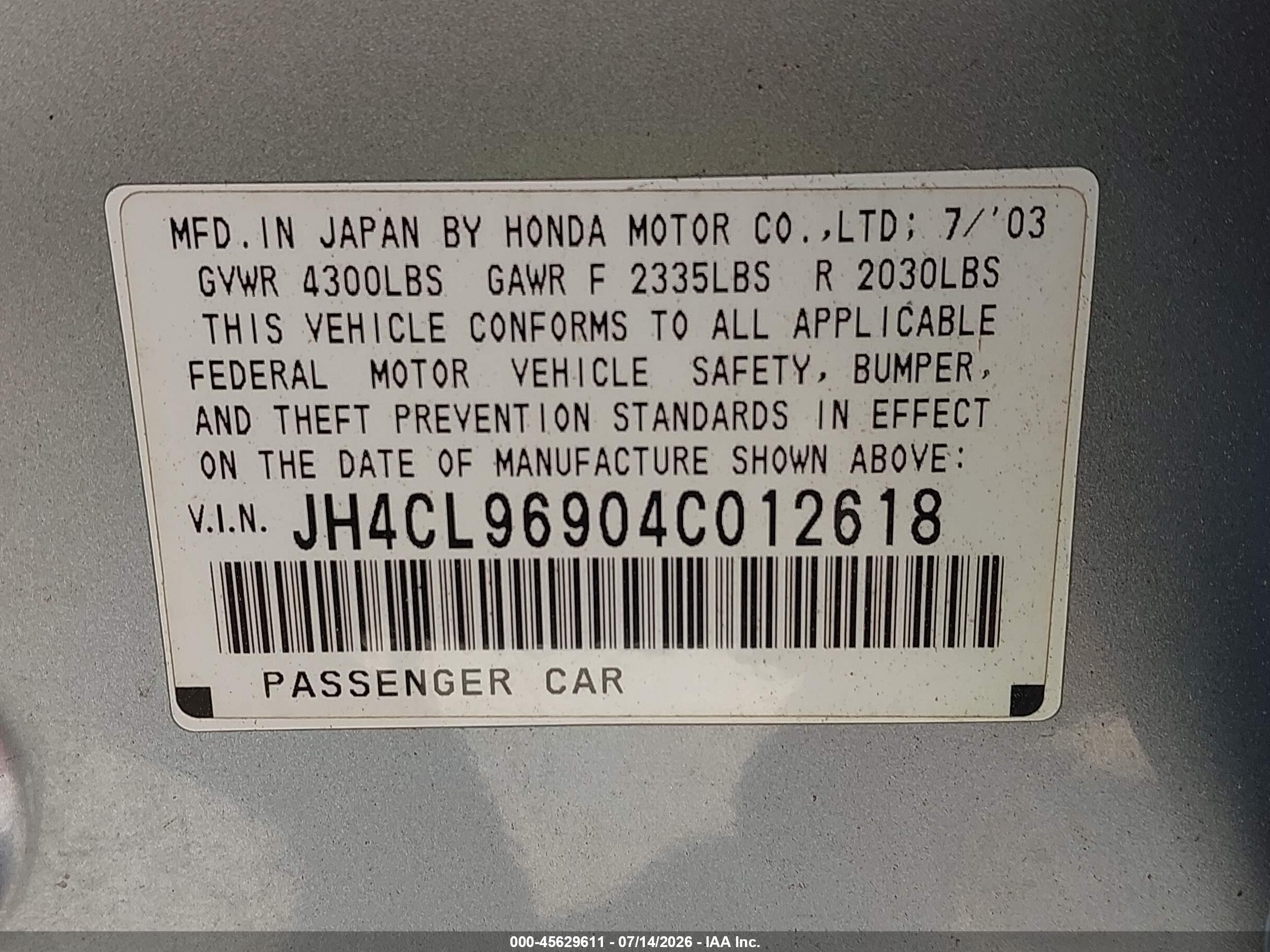 2004 Acura Tsx Light Blue vin: JH4CL96904C012618