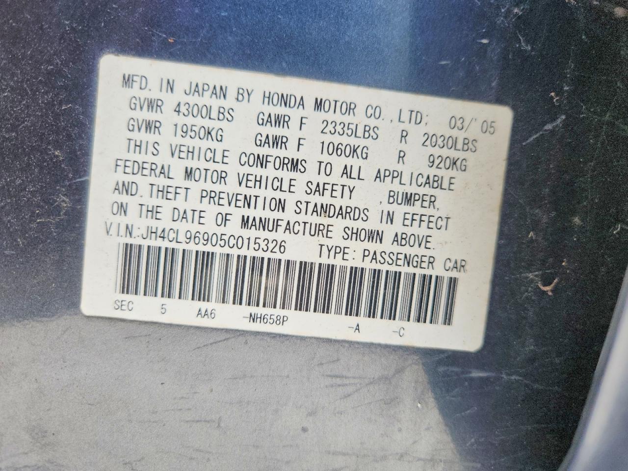 2005 Acura Tsx Blue vin: JH4CL96905C015326