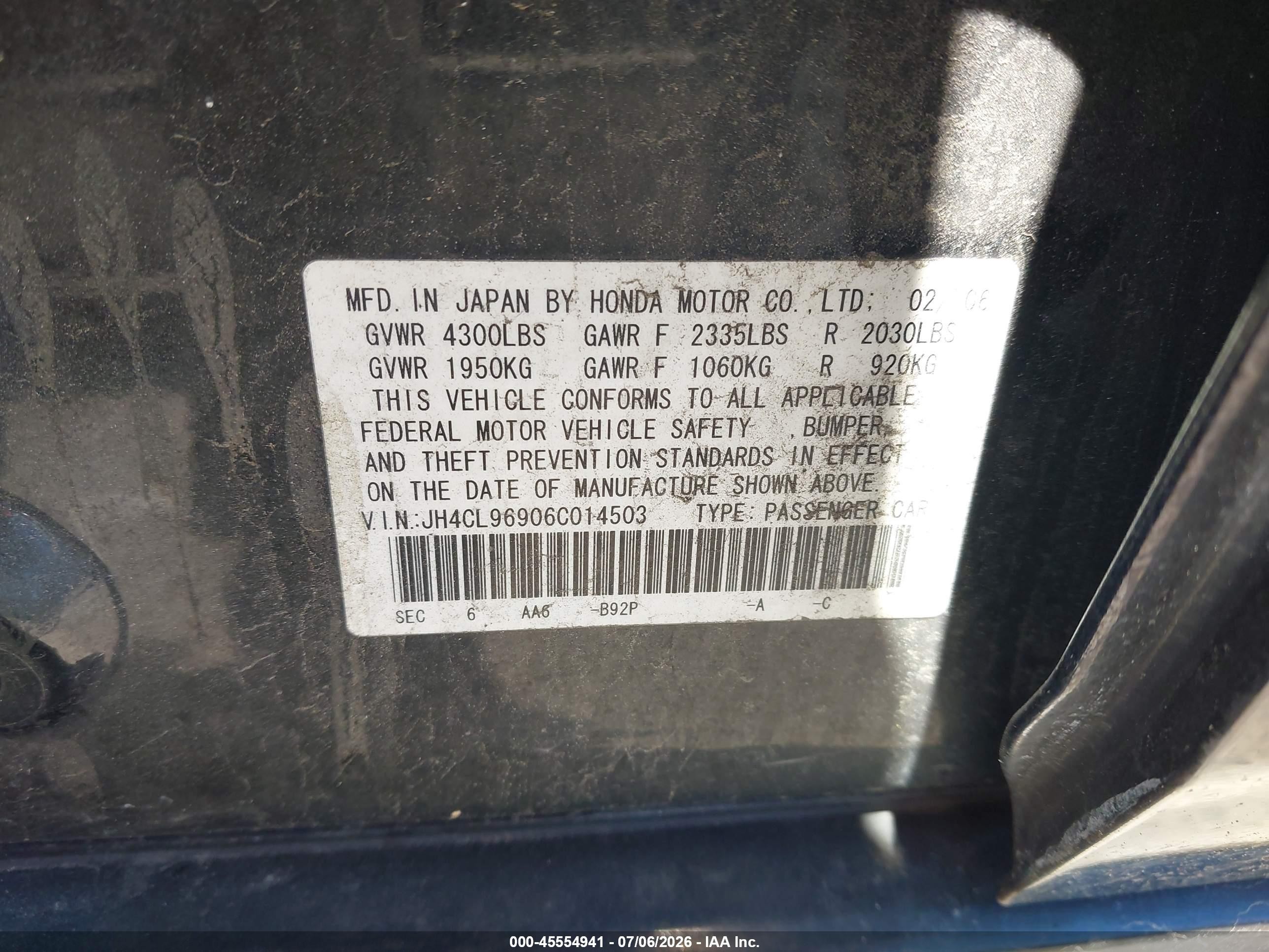 2006 Acura Tsx   Черный vin: JH4CL96906C014503