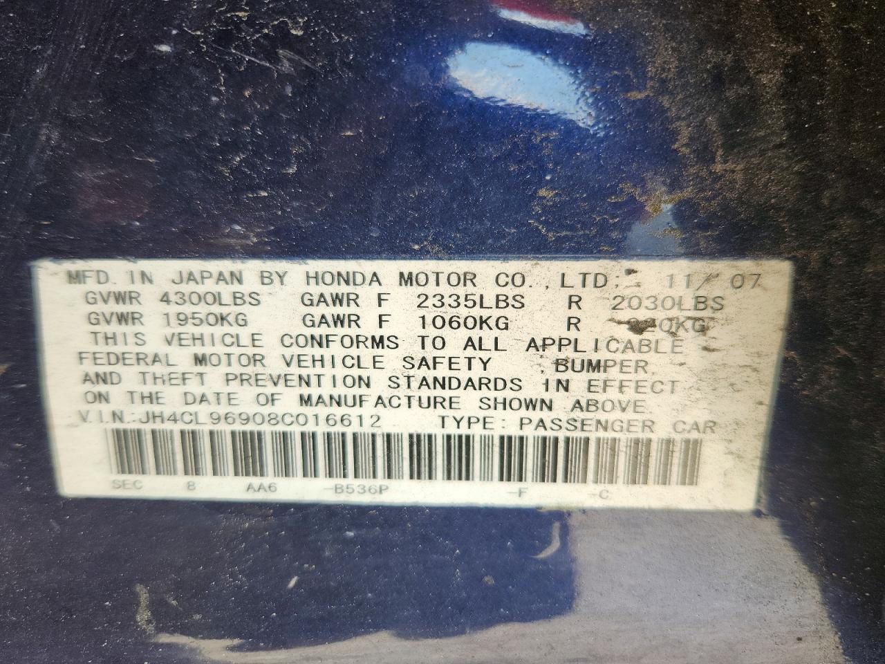 2008 Acura Tsx Синий vin: JH4CL96908C016612