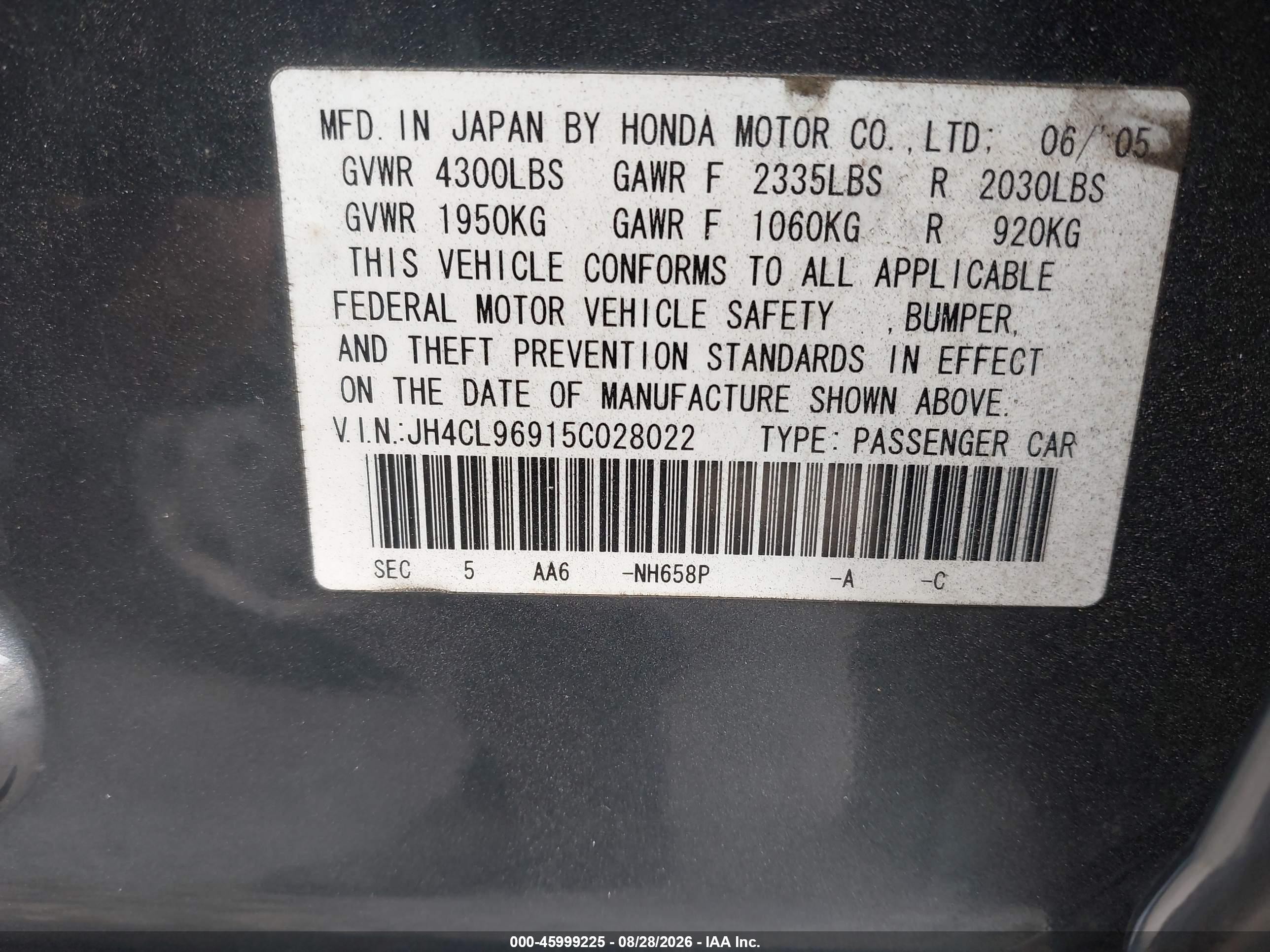 2005 Acura Tsx   Gray vin: JH4CL96915C028022