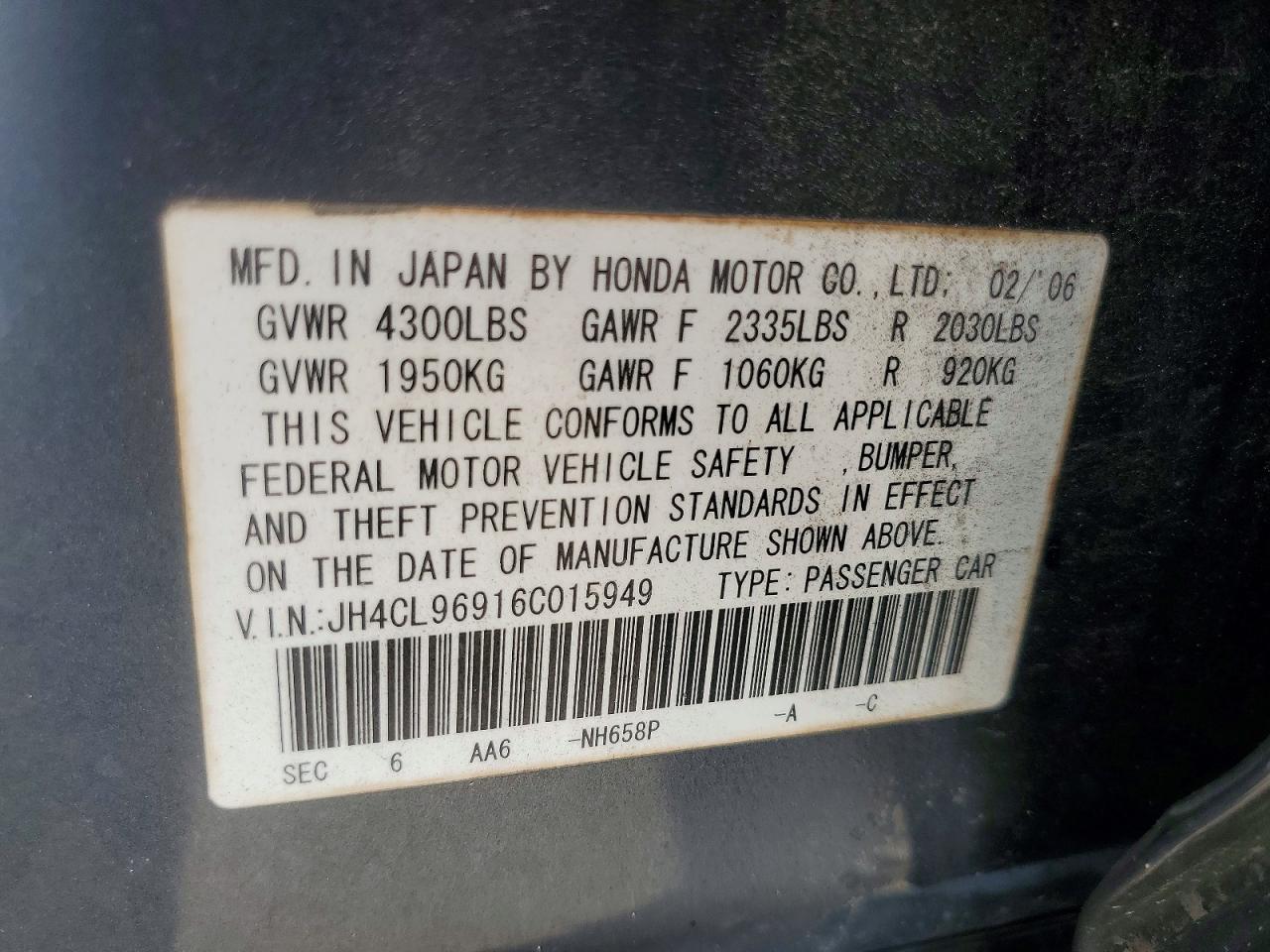 2006 Acura Tsx Gray vin: JH4CL96916C015949