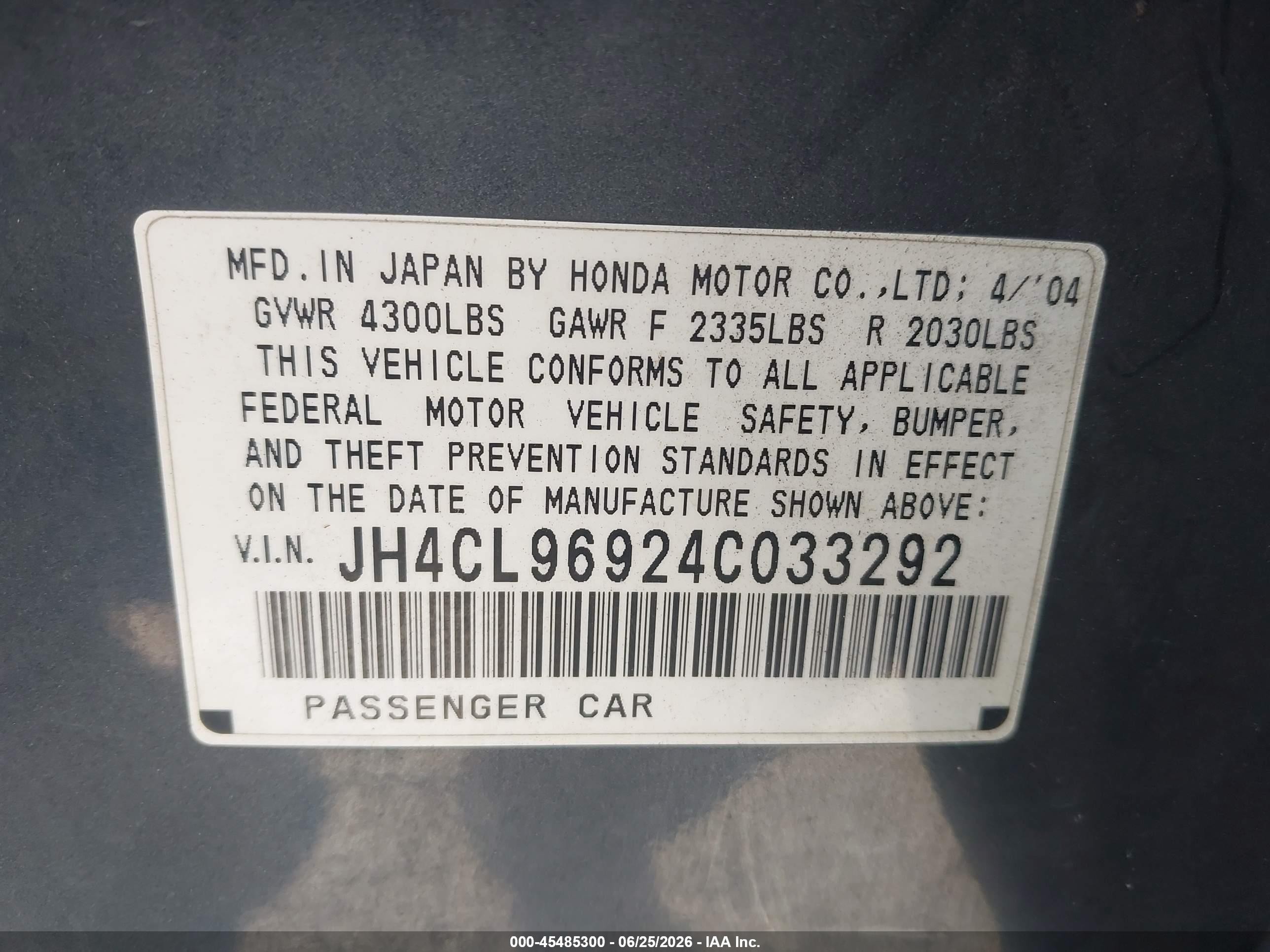 2004 Acura Tsx   Gray vin: JH4CL96924C033292