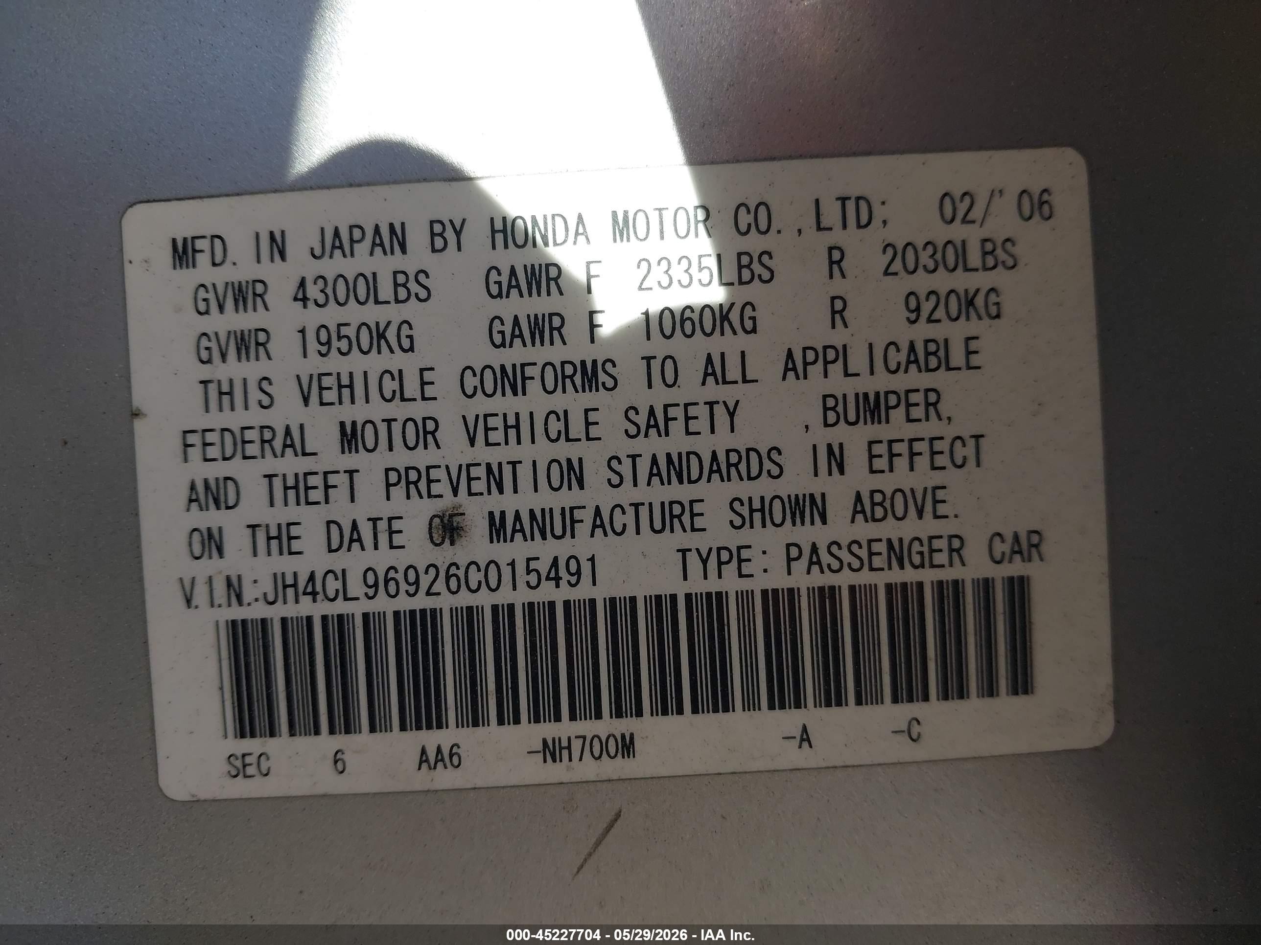 2006 Acura Tsx   Silver vin: JH4CL96926C015491