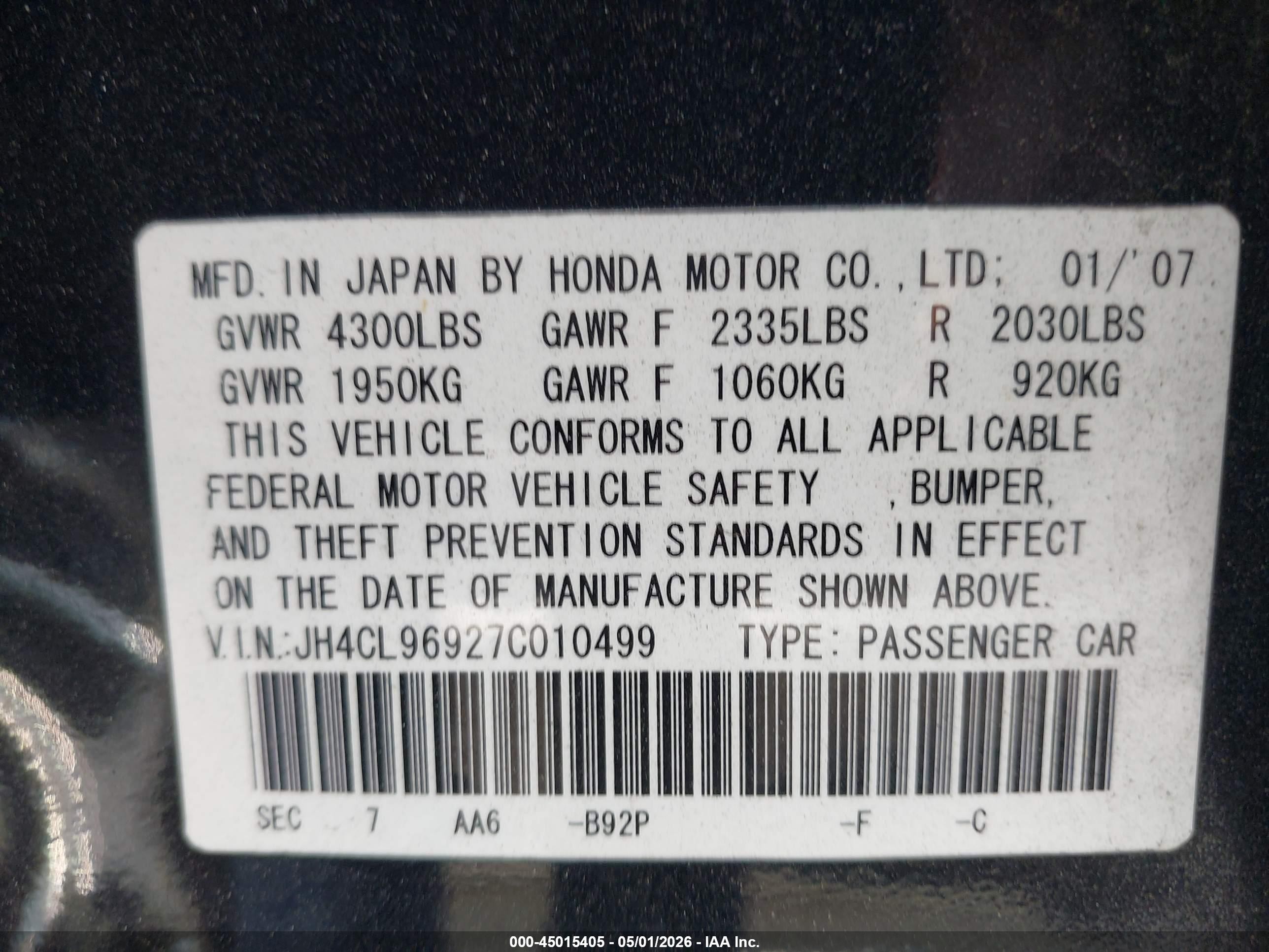 2007 Acura Tsx   Black vin: JH4CL96927C010499