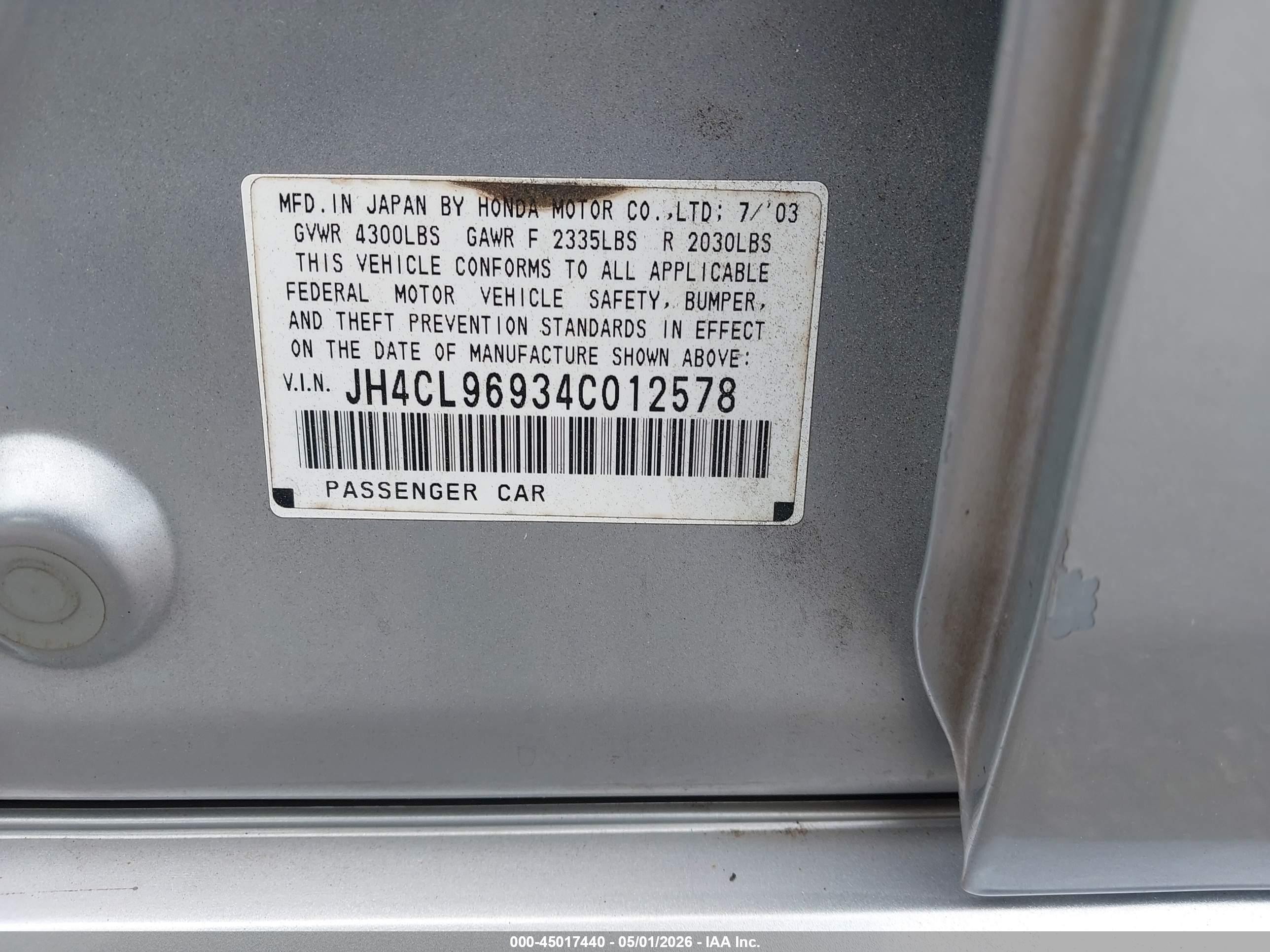 2004 Acura Tsx Silver vin: JH4CL96934C012578