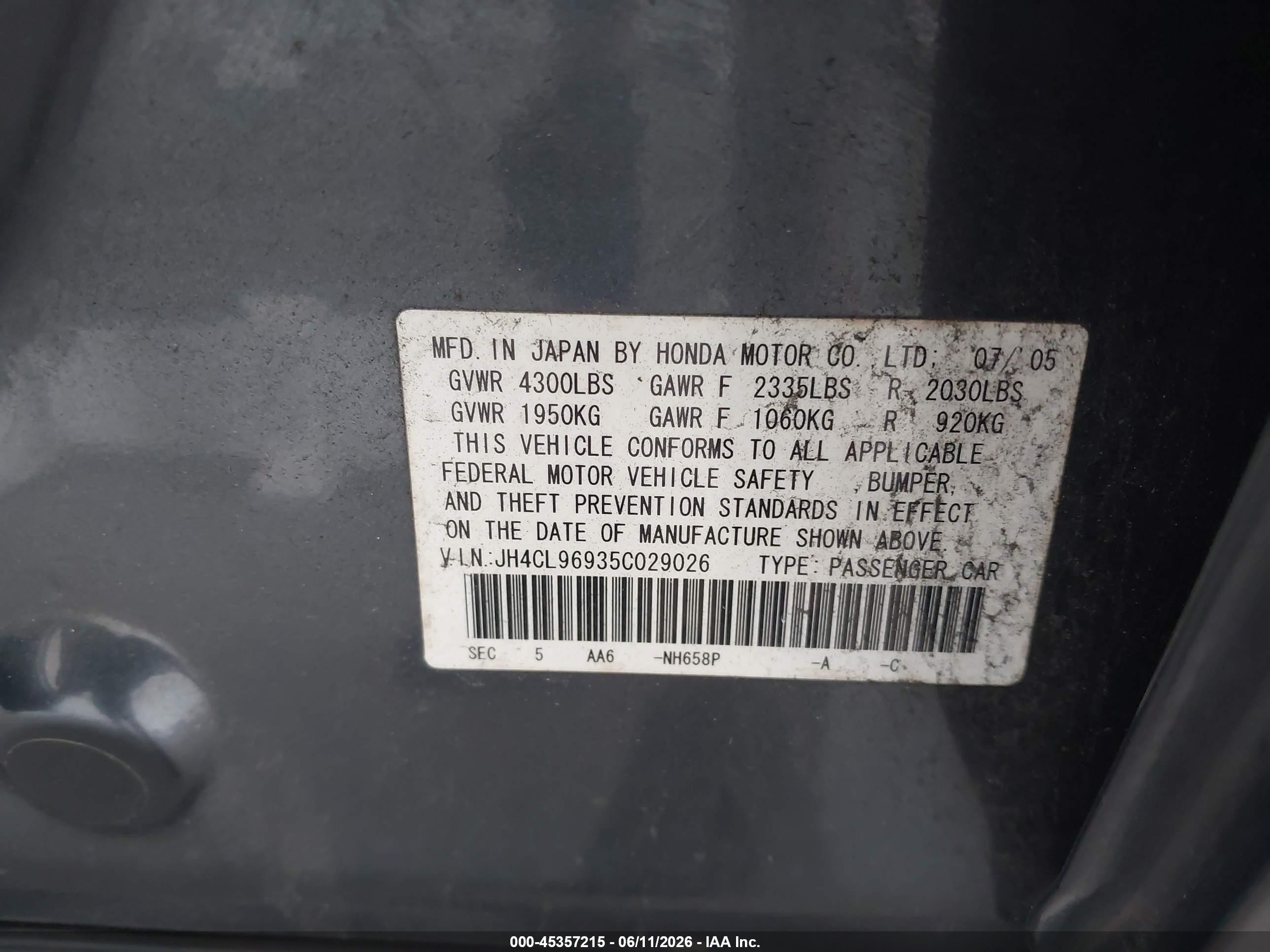 2005 Acura Tsx Base W/navigation (a5) Gray vin: JH4CL96935C029026