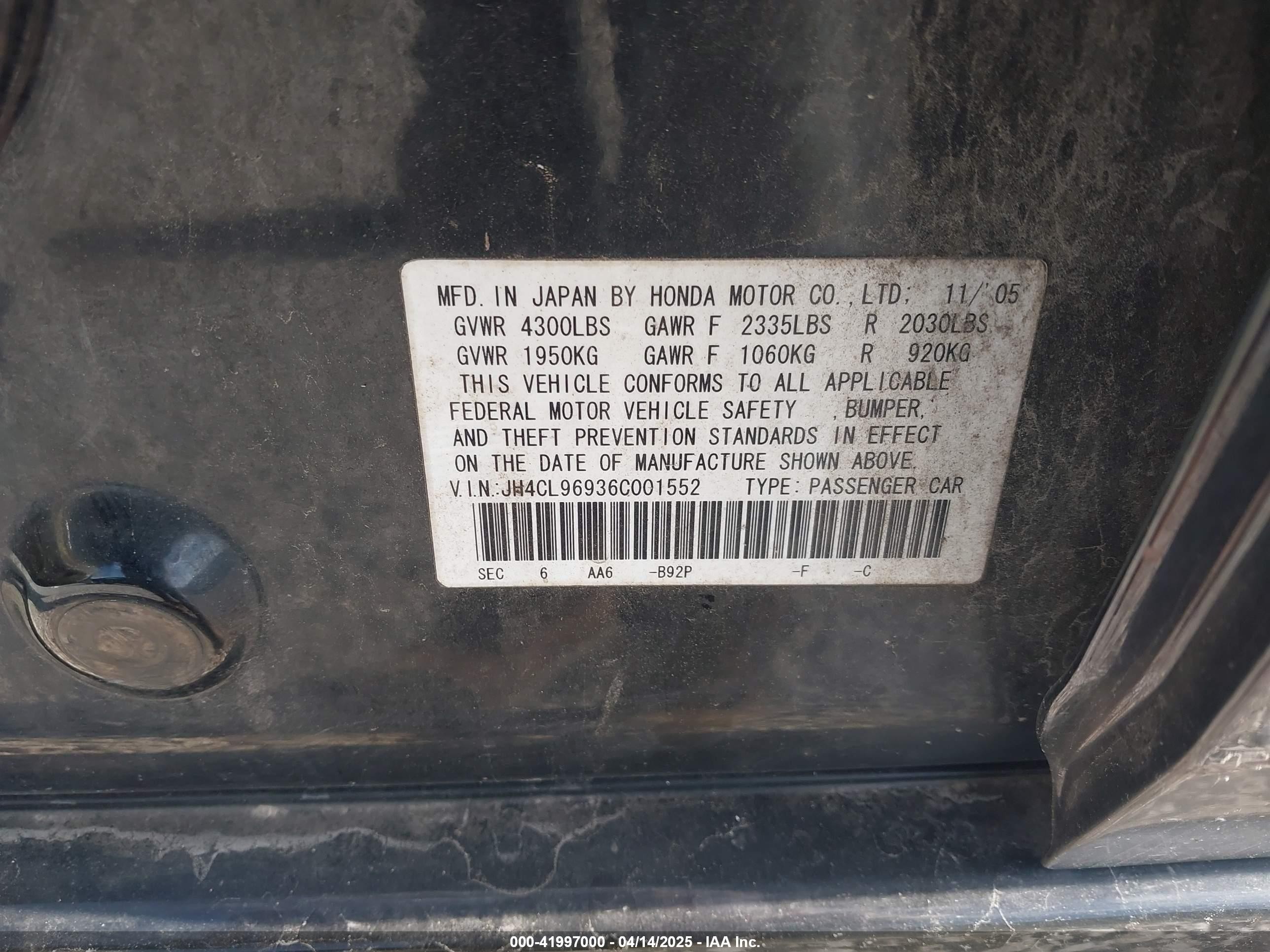 2006 Acura Tsx   Black vin: JH4CL96936C001552