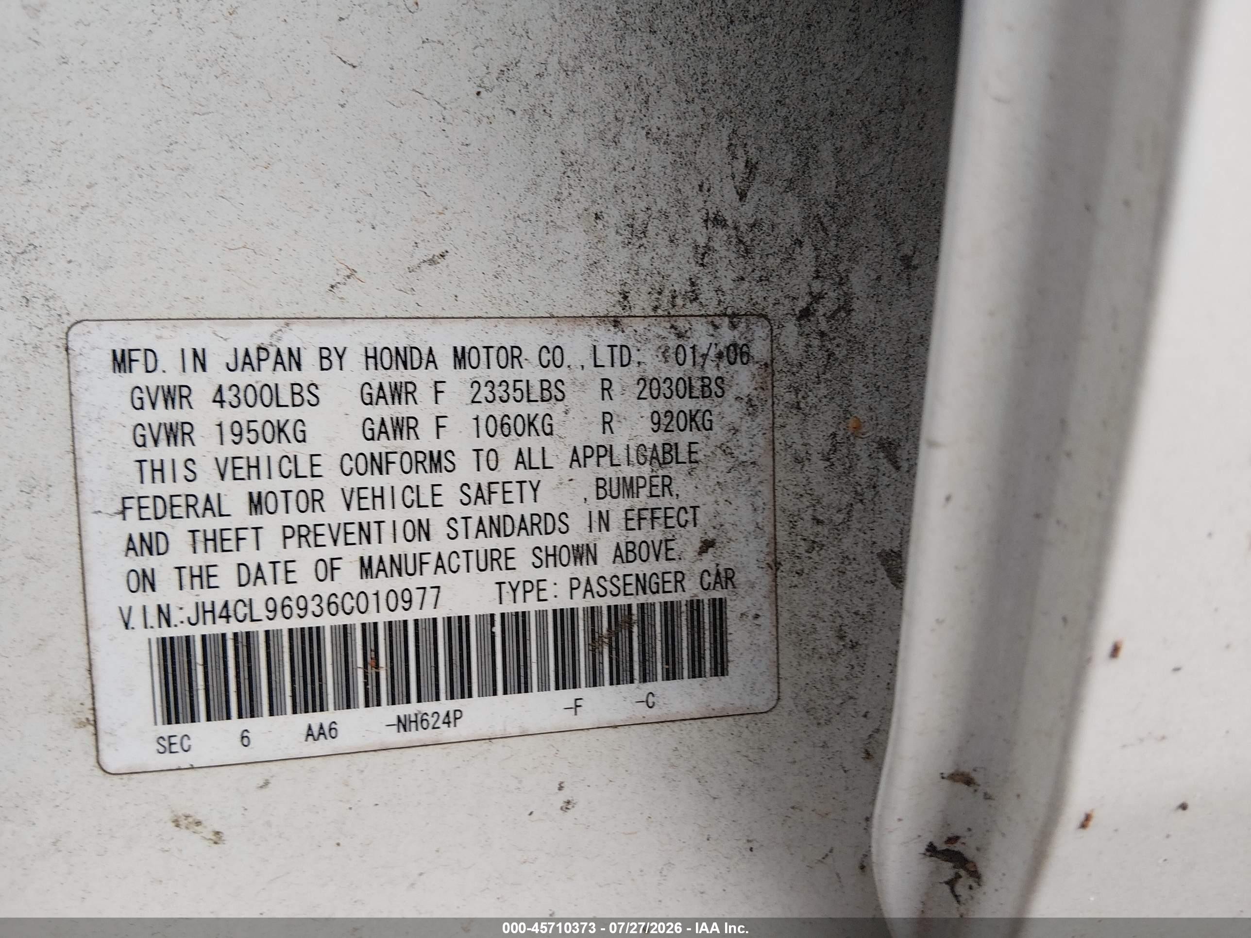 2006 Acura Tsx   White vin: JH4CL96936C010977