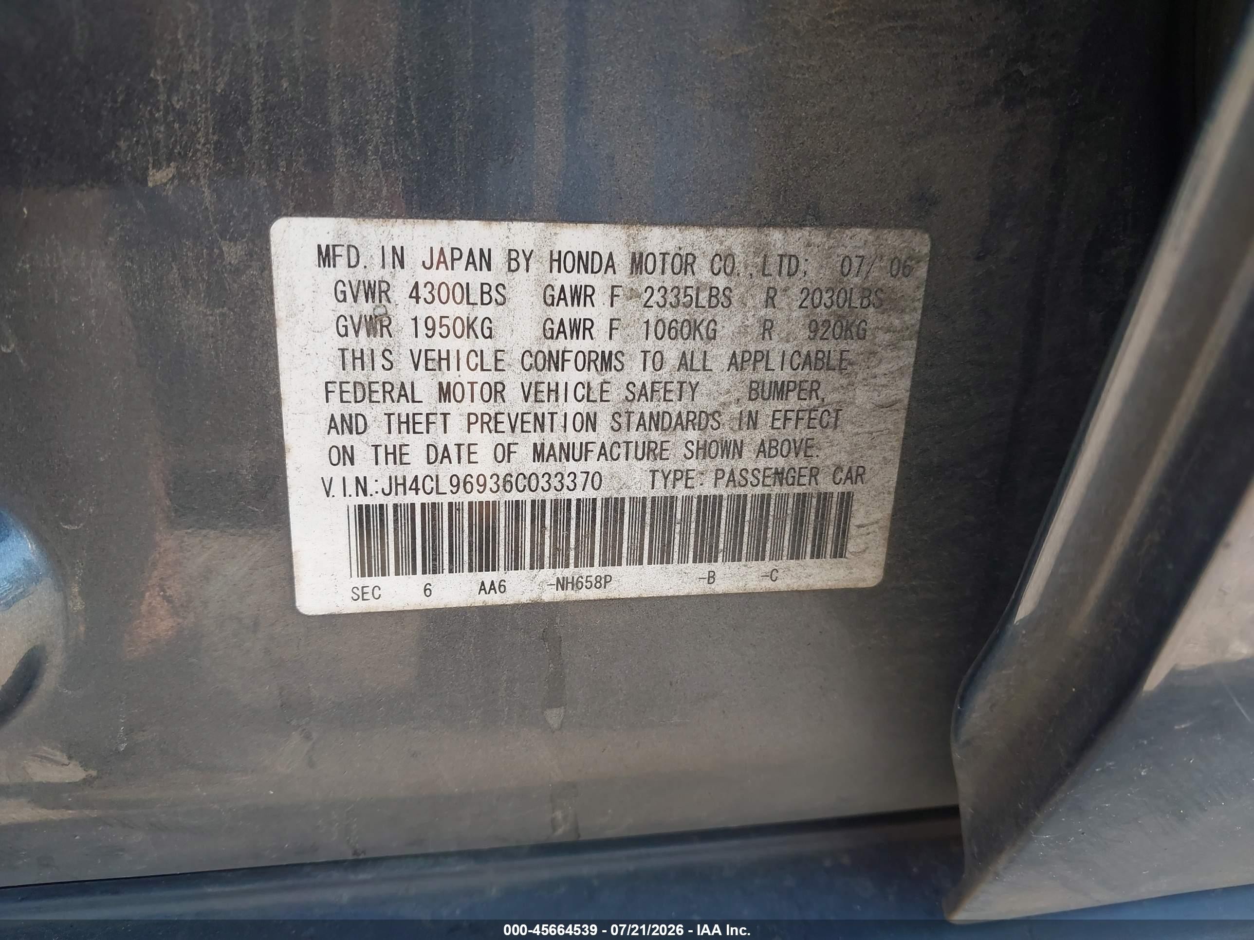 2006 Acura Tsx   Gray vin: JH4CL96936C033370