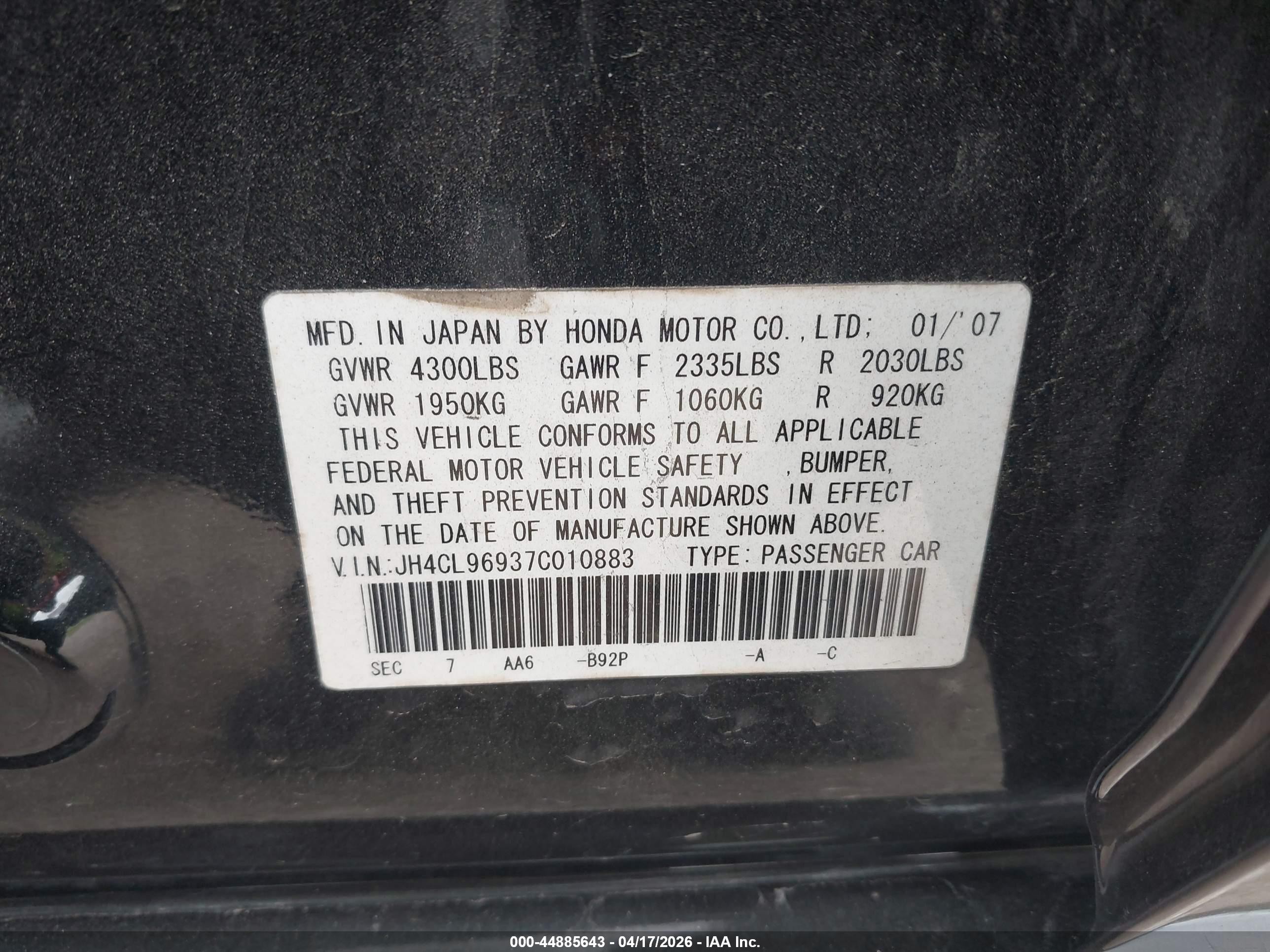 2007 Acura Tsx   Black vin: JH4CL96937C010883