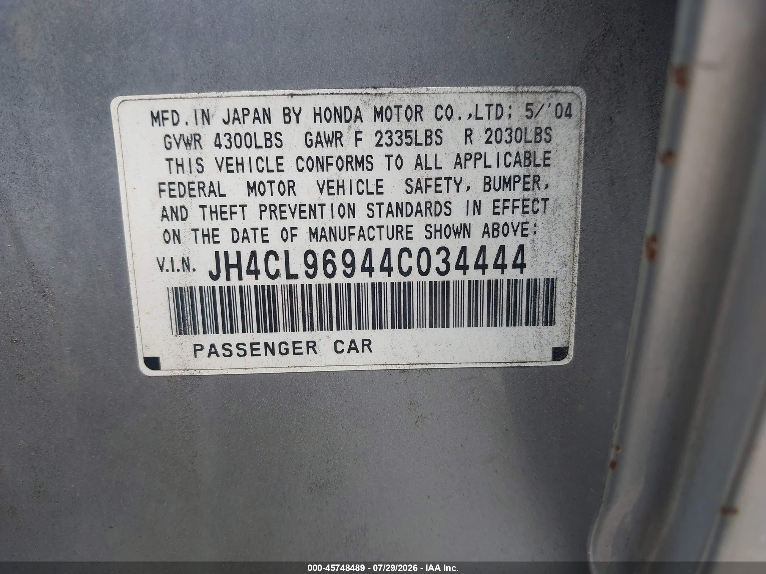 2004 Acura Tsx Silver vin: JH4CL96944C034444